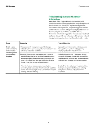 CommunicationsIBM Software
5
Issue Capability Potential benefits
Enable a faster
and cost-effective
implementation
and management
of partners and
suppliers
• Allows community management support for the rapid
onboarding of new partners and partner connections. Provides
self-service onboarding capabilities
• Speeds time to implementation and reduces costs
for supporting new partners and suppliers by
simplifying onboarding through one view
• Supports communication with partners using a variety of
standards. Large files can be exchanged via a security-rich
environment called Connect:Direct, billing information can
come in via EDI over AS2, and sales documents can arrive
through e-mail, Web services or Web extensions
• Enables providers to build a diverse and security-
rich global partner and supplier base by supporting
multiple methods, protocols, and formats for smooth
integration with virtually all partners and suppliers
• Automates business processes and process/system
connectivity inside and outside the enterprise with capabilities
such as document routing, business rule validation, exception
handling, alerts and archiving
• Enables IT to rely on a business integration solution
that improves operational efficiency by replacing
costly manual processes with comprehensive
automation
Transforming business-to-partner
integration
One of the world’s largest wireless telecommunications
companies needed a business-to-business integration platform
to collaborate with hundreds of digital content providers,
value-added service providers, equipment suppliers, and sales
and distribution channels. The provider deployed business-to-
business integration capabilities from IBM B2B and
Commerce Solutions to support the transaction and file based
exchange of data with external partners. The provider reduced
new partner integration from several months to a few weeks.
 