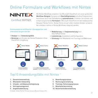 23
Online Formulare und Workflows mit Nintex
Mit Nintex Workflows erweitern Sie Microsoft SharePoint um einen grafischen
Workflow-Designer.SolassensichGeschäftsprozesseauchohneProgrammier-
kenntnisse durch die Fachabteilung automatisieren. Erstellen Sie schnell und
einfach ansprechende Formulare in Microsoft SharePoint mit dem webbasierten
Designer Nintex Forms. Nintex Forms ist auf vielen mobilen Geräten verwend-
bar und kann nahtlos in Nintex Workflows integriert werden.
Top10 Anwendungsfälle mit Nintex (1)
1.	 Dienstreiseverwaltung
2.	 Mitarbeiter Onboarding
3.	 Urlaubs- und Abwesenheitsplanung
4.	 Vertragsmanagement
5.	 Angebotsabwicklung
(1) Quelle: Nintex Partner Process Scenario Results October 2014
6.	 Bewerbungsprozesse
7.	 Rechnungsverarbeitung
8.	 Trainings-/Schulungssprozesse
9.	 Mitarbeiterbeurteilung
10.	 Nutzerkontenbereitstellung
Communardo ist zertifizierter Lösungspartner und
unterstützt Sie gern bei der:
•	Analyse Ihrer Anwendungsfälle
•	Beratung zum Einsatz der Nintex Produkte in Ihrer
SharePoint-Umgebung
•	Modellierung und Implementierung Ihrer
Geschäftsprozesse
•	Lizenzierung, Installation und Konfiguration
•	Schulung Ihrer Mitarbeiter mit Trainings und Webinaren
 
