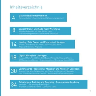 3
Inhaltsverzeichnis
Das vernetzte Unternehmen
Kommunikation | Zusammenarbeit | Wissensmanagement
Social Intranet und Agile Team Workflows
Servicemanagement mit JIRA Service Desk
Qualitätsmanagement mit Communardo SocialQMS
Hosting, Data Center und Enterprise Lösungen
Private Cloud Hosting mit Vintin | Atlassian Data Center
Atlassian Enterprise Angebote
Digital Workplace Lösungen
Microsoft SharePoint | Office 365 | Beezy | Nintex Workflow und Forms
IBM Connections | Intrexx | Strategieberatung | Enterprise Search | UCC
Communardo Produkte für Atlassian und Microsoft Lösungen
Smarter Enterprise Collaboration mit: SharePoint Connector | Metadata
User Profiles | Accessibility | Karma | RemindMe | SubSpace Navigation
Schulungen, Training und Coaching - Communardo Academy
Seminare | Live-Training | eLearning zu:
Microsoft SharePoint | Nintex | Confluence | JIRA
4
8
14
15
18
30
4
8
14
30
18
34
 