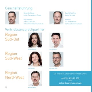 38
Geschäftsführung
Dirk Röhrborn
+49 351 83382 210
dirk.roehrborn@communardo.de
Ilja Hauß
+49 351 83382 220
ilja.hauss@communardo.de
Geschäftsführer
Leiter Competence Center
Geschäftsführer
Leiter Vertrieb
Vertriebsansprechpartner
Ulrike Bothur Harry Keller
Region
Süd-Ost
Region
Süd-West
Ute Philipp Michael Köhr
Region
Nord-West
Michael Beitz
Sie erreichen unser Vertriebsteam unter:
+49 351 833 82 230
oder
sales @communardo.de
 