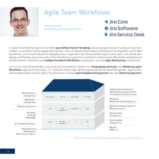 16
In vielen Unternehmen gibt es eine Reihe geschäftskritischer Vorgänge, die wenig systematisiert und kaum nachvoll-
ziehbar in verteilten Teams abgewickelt werden. Sehr oft werden diese dokumentenbasiert durchgeführt, per E-Mail
koordiniert und in Excel-basierten Aufgabenlisten organisiert. Die Herausforderung ist meist, dass sich solche Vor-
gänge und Projekte durch eine sehr hohe Interaktion auszeichnen und kaum in klassischen Workflows standardisiert
werden können. Vielmehr sind maßgeschneiderte Workflows zu gestalten, die eine agile Abwicklung ermöglichen.
Jira ist ein zukunftsweisendes und universell einsetzbares System zur Vorgangsbearbeitung und Abbildung agiler
Workflows, egal ob für Business-, IT-, Software-Teams oder abteilungsübergreifende Anwendungsfälle. Typische An-
wendungsbeispiele solcher agilen Teamprozesse sind das agile Aufgabenmanagement oder das Ideenmanagement.
Agile Team Workflows
Michael Stelzner
Leiter Atlassian Projects & Services
Bild: Professionelle Vorgangsbearbeitung auf allen Ebenen
 