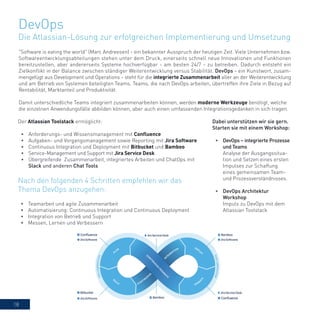 18
"Software is eating the world" (Marc Andreesen) - ein bekannter Ausspruch der heutigen Zeit. Viele Unternehmen bzw.
Softwareentwicklungsabteilungen stehen unter dem Druck, einerseits schnell neue Innovationen und Funktionen
bereitzustellen, aber andererseits Systeme hochverfügbar - am besten 24/7 - zu betreiben. Dadurch entsteht ein
Zielkonflikt in der Balance zwischen ständiger Weiterentwicklung versus Stabilität. DevOps - ein Kunstwort, zusam-
mengefügt aus Development und Operations - steht für die integrierte Zusammenarbeit aller an der Weiterentwicklung
und am Betrieb von Systemen beteiligten Teams. Teams, die nach DevOps arbeiten, übertreffen ihre Ziele in Bezug auf
Rentabilität, Marktanteil und Produktivität.
Damit unterschiedliche Teams integriert zusammenarbeiten können, werden moderne Werkzeuge benötigt, welche
die einzelnen Anwendungsfälle abbilden können, aber auch einen umfassenden Integrationsgedanken in sich tragen.
Der Atlassian Toolstack ermöglicht:
•	 Anforderungs- und Wissensmanagement mit Confluence
•	 Aufgaben- und Vorgangsmanagement sowie Reporting mit Jira Software
•	 Continuous Integration und Deployment mit Bitbucket und Bamboo
•	 Service-Management und Support mit Jira Service Desk
•	 Übergreifende Zusammenarbeit, integriertes Arbeiten und ChatOps mit
Slack und anderen Chat Tools
DevOps
Die Atlassian-Lösung zur erfolgreichen Implementierung und Umsetzung
•	 Teamarbeit und agile Zusammenarbeit
•	 Automatisierung: Continuous Integration und Continuous Deployment
•	 Integration von Betrieb und Support
•	 Messen, Lernen und Verbessern
Nach den folgenden 4 Schritten empfehlen wir das
Thema DevOps anzugehen:
Dabei unterstützen wir sie gern.
Starten sie mit einem Workshop:
•	 DevOps – integrierte Prozesse
und Teams
Analyse der Ausgangssitua-
tion und Setzen eines ersten
Impulses zur Schaffung
eines gemeinsamen Team-
und Prozessverständnisses.
•	 DevOps Architektur
Workshop
Impuls zu DevOps mit dem
Atlassian Toolstack
 