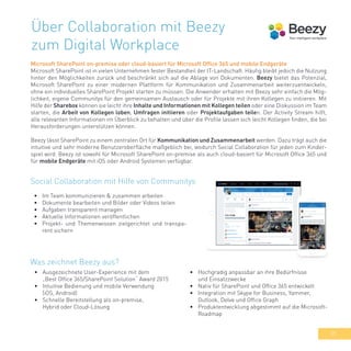 39
Über Collaboration mit Beezy
zum Digital Workplace
Microsoft SharePoint on-premise oder cloud-basiert für Microsoft Office 365 und mobile Endgeräte
Microsoft SharePoint ist in vielen Unternehmen fester Bestandteil der IT-Landschaft. Häufig bleibt jedoch die Nutzung
hinter den Möglichkeiten zurück und beschränkt sich auf die Ablage von Dokumenten. Beezy bietet das Potenzial,
Microsoft SharePoint zu einer modernen Plattform für Kommunikation und Zusammenarbeit weiterzuentwickeln,
ohne ein individuelles SharePoint Projekt starten zu müssen. Die Anwender erhalten mit Beezy sehr einfach die Mög-
lichkeit, eigene Communitys für den gemeinsamen Austausch oder für Projekte mit ihren Kollegen zu initiieren. Mit
Hilfe der Sharebox können sie leicht ihre Inhalte und Informationen mit Kollegen teilen oder eine Diskussion im Team
starten, die Arbeit von Kollegen loben, Umfragen initiieren oder Projektaufgaben teilen. Der Activity Stream hilft,
alle relevanten Informationen im Überblick zu behalten und über die Profile lassen sich leicht Kollegen finden, die bei
Herausforderungen unterstützen können.
Beezy lässt SharePoint zu einem zentralen Ort für Kommunikation und Zusammenarbeit werden. Dazu trägt auch die
intuitive und sehr moderne Benutzeroberfläche maßgeblich bei, wodurch Social Collaboration für jeden zum Kinder-
spiel wird. Beezy ist sowohl für Microsoft SharePoint on-premise als auch cloud-basiert für Microsoft Office 365 und
für mobile Endgeräte mit iOS oder Android Systemen verfügbar.
•	 Im Team kommunizieren & zusammen arbeiten
•	 Dokumente bearbeiten und Bilder oder Videos teilen
•	 Aufgaben transparent managen
•	 Aktuelle Informationen veröffentlichen
•	 Projekt- und Themenwissen zielgerichtet und transpa-
rent sichern
Social Collaboration mit Hilfe von Communitys
•	 Ausgezeichnete User-Experience mit dem
„Best Office 365/SharePoint Solution“ Award 2015
•	 Intuitive Bedienung und mobile Verwendung
(iOS, Android)
•	 Schnelle Bereitstellung als on-premise,
Hybrid oder Cloud-Lösung
Was zeichnet Beezy aus?
•	 Hochgradig anpassbar an ihre Bedürfnisse
und Einsatzzwecke
•	 Nativ für SharePoint und Office 365 entwickelt
•	 Integration mit Skype for Business, Yammer,
Outlook, Delve und Office Graph
•	 Produktentwicklung abgestimmt auf die Microsoft-
Roadmap
 