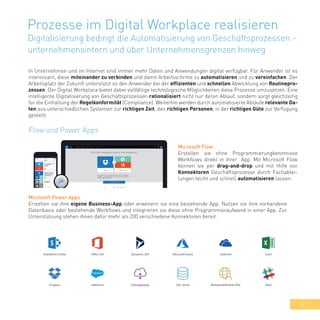 41
Prozesse im Digital Workplace realisieren
Digitalisierung bedingt die Automatisierung von Geschäftsprozessen -
unternehmensintern und über Unternehmensgrenzen hinweg
In Unternehmen und im Internet sind immer mehr Daten und Anwendungen digital verfügbar. Für Anwender ist es
interessant, diese miteinander zu verbinden und damit Arbeitsschritte zu automatisieren und zu vereinfachen. Der
Arbeitsplatz der Zukunft unterstützt so den Anwender bei der effizienten und schnellen Abwicklung von Routinepro-
zessen. Der Digital Workplace bietet dabei vielfältige technologische Möglichkeiten diese Prozesse umzusetzen. Eine
intelligente Digitalisierung von Geschäftsprozessen rationalisiert nicht nur deren Ablauf, sondern sorgt gleichzeitig
für die Einhaltung der Regelkonformität (Compliance). Weiterhin werden durch automatisierte Abläufe relevante Da-
ten aus unterschiedlichen Systemen zur richtigen Zeit, den richtigen Personen, in der richtigen Güte zur Verfügung
gestellt.
Flow und Power Apps
Microsoft Flow
Erstellen sie ohne Programmierungkenntnisse
Workflows direkt in ihrer App. Mit Microsoft Flow
können sie per drag-and-drop und mit Hilfe von
Konnektoren Geschäftsprozesse durch Fachabtei-
lungen leicht und schnell automatisieren lassen.
Microsoft Power Apps
Erstellen sie ihre eigene Business-App oder erweitern sie eine bestehende App. Nutzen sie ihre vorhandene
Datenbasis oder bestehende Workflows und integrieren sie diese ohne Programmieraufwand in einer App. Zur
Unterstützung stehen ihnen dafür mehr als 200 verschiedene Konnektoren bereit.
 