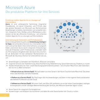 44
Microsoft Azure
Die produktive Plattform für ihre Services
Erstellung mobiler Apps bis hin zu Lösungen auf
Internetebene
Azure ist eine umfangreiche Sammlung integrierter
Clouddienste, mit denen Entwickler und IT-Profis über
das globale Netzwerk von Microsoft aus Rechenzentren
Anwendungen erstellen, bereitstellen und verwalten kön-
nen. Integrierte Tools, DevOps und ein Marketplace unter-
stützen sie bei der effizienten Erstellung – von einfachen
mobilen Apps bis hin zu Lösungen auf Internetebene.
Unterstützung der Entwickler und IT-Professionals
Azure ist die perfekte Cloud für die Entwicklung intelligen-
ter Apps, die vorhandene Services neu miteinander kombi-
niert und auf die Daten ihres Unternehmens zurückgreift.
Dabei unterstützt Azure durch integrierte Entwicklungs-
tools die Entwickler und IT-Professionals und bildet mehr
als 70 Compliance Angebote über das Azure Security Cen-
ter ab. Verbunden mit den weltweiten Rechenzentren ist
Microsoft der Business-Partner für Unternehmen wie sie,
um:
•	 Anwendungen zu betreiben wie SharePoint, Atlassian und andere
•	 Cognitive Services wie Texterkennung, Gesichtserkennung, Bilderkennung, Sprachübersetzung, Chatbots zu nutzen
•	 flexible Infrastruktur für Test- und Entwicklungssysteme bereitzustellen - von virtuellen Maschinen über Datenban-
ken bis hin zu Web-Containern
» Infrastructure as a Service (IaaS): Mit IaaS haben sie einen Server in der Azure Cloud (virtuelle Maschine). Das bietet
ihnen volle Kontrolle und hohe Flexibilität.
» Platform as a Service (PaaS): Bei PaaS liegen alle ihre Anwendungen und Daten in ihrer eigenen Hand und beziehen
alle weiteren Funktionen aus der Cloud.
» Software as a Service (SaaS): Mit einem SaaS, wie Office 365, profitieren sie von der hohen Zuverlässigkeit, niedrigen
Einstiegskosten und der ständigen Weiterentwicklung des Services, den Millionen Anwender täglich nutzen.
•	 Azure Search für integrierte Suchergebnisse
•	 Auswertungen und Analysen durchzuführen und dabei die volle Skalierbarkeit der Cloud zu nutzen.
 
