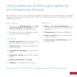 57
Unser etabliertes Einführungsvorgehen für
ein erfolgreiches Intranet
Basis-System
•	 Start mit einer Basiskonfiguration und Stan-
dardanwendungsfällen als Prototyp sowie Un-
terstützung bei der technischen Einrichtung.
•	 Einstieg über durch uns eingebrachte Basiskon-
zepte aus vergleichbaren Projekten.
Umsetzung
Einführung
•	 Rollout- und Einführungsmaßnahmen, z.B.
Qualifizierungsmaßnahmen und Management-
Workshops
•	 Erfolgsmessung zur Nutzung und Akzeptanz
•	 Support und Service für den nachhaltigen Er-
folg ihres Intranets
•	 Iterativer Ausbau und Optimierung der beste-
henden Lösung
Wir liefern ihnen nicht nur eine auf ihre Anwendungsfälle angepasste Lösung, sondern begleiten sie während
des gesamten Prozesses der Einführung. Sie erhalten somit ein Intranet, welches auf die Akzeptanz ihrer Mit-
arbeiter ausgerichtet ist.
•	 Iteratives Customizing und Ausgestaltung ihrer
Anwendungsfälle am praktischen Beispiel
•	 Ausfallsicherheit und Hochverfügbarkeit durch
Cluster-Lösungen
•	 Einbeziehen ihrer Mitarbeiter als zukünftige An-
wender
•	 Individuelles Theming anhand ihres Corporate
Designs
•	 Hosting, Lizenzberatung und -verkauf
•	 Integration in ihre bestehende Infrastruktur
Communardo. Ihr Partner für maßgeschneiderte Intranet-Lösungen.
 