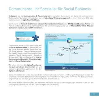 59
Communardo. Ihr Spezialist für Social Business.
Verbessern sie die Kommunikation & Zusammenarbeit in verteilten Teams durch ein Social Intranet oder einen
Collaboration Workplace. Ermöglichen sie ein lebendiges Wissensmanagement in ihrem Enterprise Wiki oder
implementieren sie agile Team Workflows.
Communardo ist Microsoft Gold Partner, Atlassian Platinum Solution Partner sowie IBM Advanced Business Partner und
Partner von Beezy, Nintex, Unify und United Planet. Wir sind Technologiespezialist u.a. für Microsoft SharePoint, Atlassian
Confluence, Atlassian Jira und IBM Connections.
Communardo wurde für 2018 zum fünften Mal
als Social Business Leader im Rahmen der Stu-
die "Social Business Vendor Benchmark" der
ISG Group (ehemals Experton) ausgezeichnet.
Den Leader-Status erhielt Communardo in der
Kategorie "Social Transformation - Consulting
& Integration". Wir sind Spezialist für interne
Kommunikationslösungen, Wissensmanage-
ment und Social Collaboration.
Wir setzen mit ihnen die digitale Transforma-
tion zum vernetzten Unternehmen um und
realisieren produktive Applikationen für den
digitalen Arbeitsplatz.
Dabei unterstützen wir sie bei der Auswahl der richtigen Software, erarbeiten Einführungsstrategien zum Change Ma-
nagement, realisieren die technologische Integration und passen die Lösungen, unter anderem durch die Eigenentwick-
lung von Add-ons und Apps, genau ihren individuellen Bedürfnissen an.
Mit einem starken Partnernetzwerk der führenden Hersteller von Social Software Lösungen erhalten sie bei uns alle
Leistungen aus einer Hand: von der Lizenzierung bis hin zum Hosting.
 
