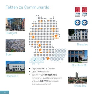 60
Dresden
Bonn
Stuttgart
Dornbirn (A)
Fakten zu Communardo
•	 Gegründet 2001 in Dresden
•	 Über 150 Mitarbeiter
•	 Seit 2017 nach ISO 9001:2015
zertifiziertes Qualitätsmanagement
und nach ISO 27001 zertifizierte
Informationssicherheit
Heilbronn
Tirana (AL)
 