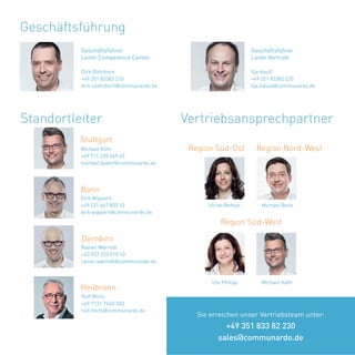 61
Geschäftsführung
Dirk Röhrborn
+49 351 83382 210
dirk.roehrborn@communardo.de
Ilja Hauß
+49 351 83382 220
ilja.hauss@communardo.de
Geschäftsführer
Leiter Competence Center
Geschäftsführer
Leiter Vertrieb
Vertriebsansprechpartner
Ulrike Bothur
Region Süd-Ost
Region Süd-West
Ute Philipp Michael Köhr
Region Nord-West
Michael Beitz
Sie erreichen unser Vertriebsteam unter:
+49 351 833 82 230
sales@communardo.de
Standortleiter
Stuttgart
Bonn
Dornbirn
Michael Köhr
+49 711 220 469 65
michael.koehr@communardo.de
Dirk Wippern
+49 221 467 833 10
dirk.wippern@communardo.de
Rainer Warmdt
+43 557 233 510 10
rainer.warmdt@communardo.de
Heilbronn
Ralf Michi
+49 7131 7240-502
ralf.michi@communardo.de
 