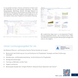 15
In Jira werden mit Epics, Stories und Sprints im Team nach
den Methoden Scrum oder Kanban gearbeitet. Jira stellt
Vorgangstypen, Workflows, Boards und Agile Reports im
Standard zur Verfügung. Die Auswertung erfolgt immer auf
dem aktuellen Stand der Projekte und ermöglichen so ei-
nen exakten Status des Projektes für die weitere Planung.
Unser Leistungsangebot für sie
Als Atlassian Platinum und Enterprise Solution Partner beraten wir sie gern:
•	 Beratung für die Einführung von Jira und Confluence für Projektarbeit: Strategie und Ziele; Einführungs-
leistungen
•	 Anforderungs- und Konzeptionsworkshop: Jira & Confluence für Projektarbeit
•	 Konfigurationsleistungen
•	 Trainings zu Methoden und den Tools
•	 Support und Service
•	 Beratung bei Auswahl der richtigen Plattform: Atlassian Cloud, Datacenter oder Server?
Mit zusätzlichen Apps kann in Jira klassische Projekt-
planung abgebildet werden, z.B. mit Gantt Charts. Aber
auch Ressourcenplanung oder Mulitprojektmanagement
sind im Jira möglich.
Bild: Klassiche Projektplanung in Jira dank zusätzlicher Apps
Bild: Reports in Jira
Mehr unter:
 