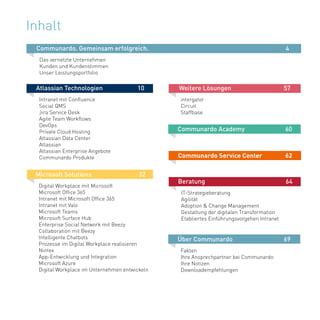 3
Inhalt
Atlassian Technologien		 10
Intranet mit Confluence
Social QMS
Jira Service Desk
Agile Team Workflows
DevOps
Private Cloud Hosting
Atlassian Data Center
Atlassian
Atlassian Enterprise Angebote
Communardo Produkte
Communardo. Gemeinsam erfolgreich.							 4
Das vernetzte Unternehmen
Kunden und Kundenstimmen
Unser Leistungsportfolio
Microsoft Solutions			 32
Digital Workplace mit Microsoft
Microsoft Office 365
Intranet mit Microsoft Office 365
Intranet mit Valo
Microsoft Teams
Microsoft Surface Hub
Enterprise Social Network mit Beezy
Collaboration mit Beezy
Intelligente Chatbots
Prozesse im Digital Workplace realisieren
Nintex
App-Entwicklung und Integration
Microsoft Azure
Digital Workplace im Unternehmen entwickeln
Weitere Lösungen 		 	 57
intergator
Circuit
Staffbase
Communardo Academy		 60
	
Communardo Service Center	 62
Beratung				 64
IT-Strategieberatung
Agilität
Adoption & Change Management
Gestaltung der digitalen Transformation
Etabliertes Einführungsvorgehen Intranet
Über Communardo 		 	 69
Fakten
Ihre Ansprechpartner bei Communardo
Ihre Notizen
Downloadempfehlungen				
						
 