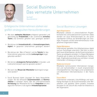 4
Ilja Hauß
Geschäftsführer
•	 Wie kann weltweites Wachstum erfolgreich gemeistert und
gleichzeitig die Produktivität in den zunehmend verteilten
Teams und Einheiten gehalten bzw. gesteigert werden?
•	 Wie können die Innovationskraft und Innovationsgeschwin-
digkeit im gesamten Unternehmen gesteigert werden?
•	 Wie können der „War of Talents“ und die Talente für das
Unternehmen gewonnen und die Leistungsträger enger
gebunden werden?
•	 Wie können strategische Partnerschaften im Kunden- und
Lieferantennetzwerk optimal gestaltet werden?
•	 Wie kann das Wissen der Mitarbeiter bestmöglich einge-
setzt werden?
•	 Social Business bietet Lösungen für diese Herausforde-
rungen: Von der effizienten Zusammenarbeit und Kommu-
nikation in verteilten Teams über die unternehmensweite
Vernetzung aller Mitarbeiter bis hin zur Integration von stra-
tegischen Partnern in die eigenen Innovationsprozesse.
Social Business Lösungen
Social Business
Das vernetzte Unternehmen
Agile Organisation
Mitarbeiter arbeiten in unterschiedlichen Projekt-
kontexten frei und kundenzentriert zusammen. Dabei
wenden sie neue Arbeitskonzepte an, die einen
signifikanten Einfluss auf Veränderungen von Stra-
tegie, Prozessen und die Unternehmenskultur in der
gesamten Organisation haben.
Digital Workplace
Unternehmen gestalten ihre Arbeitsprozesse digital
und von Technologie unterstützt. Das führt zu kom-
plett neuen Arbeitsweisen, die die Zusammenarbeit in
Teams grundlegend verändern. In Digital Workplace
Projekten gilt es daher die Einflussfaktoren Techno-
logie, Organisationsveränderung und Kultur sinnvoll
miteinander in Einklang zu bringen.
Modernes Intranet
Mitarbeiter kommunizieren Informationen transpa-
rent und nachvollziehbar in visuell ansprechenden
Intranetplattformen. Das trägt zu einer produktiveren
und effizienteren Informationskultur in den Teams
bei.
Future Work
Unternehmen entwickeln zukunftsfähige und nach-
haltige Konzepte für die Zusammenarbeit unter Mit-
arbeitern und gestalten damit proaktiv innovative
Konzepte für die Zukunft des modernen Arbeitens in
der Organisation.
Erfolgreiche Unternehmen stehen vor
großen strategischen Herausforderungen
 
