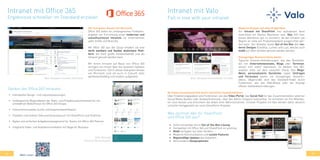 44 45
Intranet mit Office 365
Ergebnisse schneller im Standard erzielen
Der Evergreen-Ansatz von Microsoft
Office 365 liefert ein umfangreiches Funktions-
angebot zur Einrichtung eines modernen und
zukunftssicheren Intranets für Unternehmen
jeder Größe und Branche.
Mit Office 365 aus der Cloud erhalten sie eine
leicht wartbare und flexibel skalierbare Platt-
form, die ohne große Initialaufwände und als
Intranet genutzt werden kann.
Mit ihrem Intranet auf Basis von Office 365
verfügen sie immer über die neuesten Updates
und Funktionen. Durch diesen Evergreen-Ansatz
von Microsoft sind sie auch in Zukunft stets
wettbewerbsfähig und modern aufgestellt.
•	 Individuelle Design- und Layoutanpassungen
•	 Umfangreiche Möglichkeiten der Team- und Projektzusammenarbeit für ver-
schiedenste Bedürfnisse mit Office 365 Groups
•	 Unternehmensweite Suche und Expertenidentifikation
•	 Flexibler und mobiler Dokumentenaustausch mit SharePoint und OneDrive
•	 Agiles und einfaches Aufgabenmanagement für Teams mit Office 365 Planner
•	 Integrierte Video- und Audiokommunikation mit Skype for Business
Bild: Beispiel Intranet-Startseite
Bild: Beispiel
Intranet-Bereichsseite
Stärken des Office 365 Intranets:
Intranet mit Valo
Fall in love with your intranet
Moderne Designs auf allen Endgeräten
Ein Intranet mit SharePoint neu aufzubauen kann
manchmal ein kleines Abenteuer sein. Valo hilft hier,
dieses Abenteuer gut zu meistern, da das Intranet von
Beginn an nahe am Produktstandard ausgerichtet wer-
den kann. Der Anbieter bietet Out-of-the-Box drei mo-
derne Designs (Candela, Lumen und Lux), welche auch
mobil auf allen Geräten genutzt werden können.
Einzigartiges Nutzererlebnis bieten
Typische Intranet-Anforderungen, wie das Bereitstel-
len von Unternehmensnews, Blogs oder Terminen,
lassen sich sofort realisieren. So bleiben ihre Mit-
arbeiter stets auf dem neuesten Stand. Das Mega-
Menü, personalisierte Quicklinks sowie Umfragen
und Formulare bieten ein einzigartiges Nutzerer-
lebnis. Abgerundet wird das Standard-Paket durch
Funktionen, wie das FAQ-Modul oder die Anzeige
offener Stellenbeschreibungen.
Vernetzte Zusammenarbeit durch zahlreiche Zusatzfunktionen
Über Erweiterungspakete sind Funktionen, wie das Video-Portal, das Social Hub für das Zusammenstellen externer
Social Media Quellen oder Analysefunktionen, über das Admin Toolpack realisierbar. So vernetzen sie ihre Mitarbei-
ter noch besser und erleichtern die Arbeit ihrer Administratoren. Intranet-Projekte mit Valo werden daher deutlich
schneller fertiggestellt als reine SharePoint-Projekte.
•	 Sofort einsetzbar durch Out-of-the-Box-Lösung
•	 Kompatibel mit Office 365 und SharePoint on-premise
•	 Mobil verfügbar auf allen Geräten
•	 Moderne Kommunikation und soziale Features
•	 Regelmäßige Updates des Anbieters
•	 Verschiedene Designoptionen
Was zeichnet Valo für SharePoint
und Office 365 aus?
Bild: Beispiel Intranetseite mit Valo
Mehr unter:
 