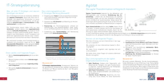 64 65
Agilität
Die agile Transformation erfolgreich meistern
Digitale Transformation bedeutet für ihre Mitarbeiter und
Führungskräfte eine erhebliche Veränderung des Ar-
beitsalltags – sowohl was die Verwendung von digitalen
Technologien angeht, als auch das Umdenken in Bezug auf
die Art und Weise der Zusammenarbeit. Neben diesen Ver-
änderungen wächst gleichzeitig der Druck auf die Unterneh-
men, schneller und flexibler auf Markteinflüsse zu reagieren.
Agile Arbeitsmethoden können dabei helfen, diesen Druck
zu mindern. In diesem Kontext sind Scrum und Kanban die
wohl bekanntesten methodischen Ansätze. Damit die Ein-
führung von agilen Arbeitsmethoden (agile Transformation)
in ihrem Unternehmen gelingt, muss diese Veränderung von Beginn an als Veränderungsprozess betrachtet werden.
Deshalb ist es z.B. zwingend erforderlich, das Management von Anfang an intensiv einzubinden.
Wie finde ich heraus, ob mein Unternehmen in der Lage
ist, sich zu wandeln?
Wie entwickle ich mein Unternehmen (weiter) in Rich-
tung Agilität?
Wir haben Scrum eingeführt, aber irgendwie hat sich
nichts verändert?
Wir helfen ihnen, diese Fragen mit unseren erfahrenen
Beratern anzugehen.
•	 Agile Readiness: Analyse einer Organisation und
Bewertung der Fähigkeit, eine agile Transformation
zu beginnen; laufende Bewertung des Reifegrades
während der agilen Transformation
•	 Agile Expert Consultancy: Entwickeln maßgeschnei-
derter agiler Vorgehensmodelle und Einführung in
der Organisation
•	 Interims Scrum Mastering: Begleitung und Coa-
ching ihrer Scrum Master für einen bestimmten
Zeitraum durch unsere Experten
•	 Ausbildung von Scrum Mastern und Product Ownern,
sowie Vermittlung anderer agiler Methoden (z.B. Kan-
ban, XP, usw.)
•	 Konzeption und Durchführung individueller Work-
shops zum Thema Agilität
•	 Persönliches, einleitendes und begleitendes Coaching
und Sparring auf allen Hierarchieebenen
•	 Begleitung des Veränderungsprozesses im Kontext
der agilen Transformation
Wie starten sie?
Mit einem Leitstern Workshop. Ziel des hierarchieübergrei-
fenden Workshops ist eine Einführung in das Thema Agilität
und die Feststellung der Motivation für die agile Transformati-
on in ihrem Unternehmen. Wenn möglich erfolgt bereits eine
Zieldefinition für das Projekt und die Skizzierung einer groben
ersten Roadmap (Transformationsstrategie).
Kennen sie die folgende Fragen...
Das Leistungsspektrum der agilen
Organisationsentwicklung:
Mehr unter:
IT-Strategieberatung
Eine IT-Strategie formuliert ein fachliches Zielbild für
den digitalen Arbeitsplatz. Damit hilft ihnen eine IT-
Strategie, ihre gewachsene Infrastruktur zu einem
digitalen Arbeitsplatz zu transformieren, um den ge-
stiegenen Anforderungen an Kommunikation und Zu-
sammenarbeit zu entsprechen.
Die Transformation besitzt dabei nicht nur eine
technische, sondern ebenso eine organisatorische
und eine kulturelle Komponente, da moderne Social
Software vernetzte Zusammenarbeit fördert. Diese er-
möglicht neue Arbeitsweisen, schafft Transparenz und
weicht die organisatorischen Grenzen einer Linienor-
ganisation auf und erleichtert die Arbeit in Netzwerken.
Wir unterstützen sie dabei, eine IT-Strategie fachlich zu
erarbeiten und umzusetzen, indem wir sie zur Wahl
des passenden Ökosystems und den geeigneten Archi-
tekturoptionen (on premise, cloud, hybrid) beraten.
•	 Welche Anwendungsökosysteme gibt es auf dem
Markt?
•	 Welche Produkte erfüllen meine Anforderungen
am besten?
•	 Wie lassen sich Anwendungen langfristig erfolg-
reich integrieren?
•	 Wie werden moderne Arbeitsweisen erfolgreich
eingeführt?
•	 Erstellung einer Vision für die vernetzte Kommunikation
und Zusammenarbeit sowie deren Alignment mit der
Unternehmensstrategie,
•	 Aufnahme der IST-Situation und Ableitung von Konsoli-
dierungspotenzialen,
•	 Evaluierung von Technologieoptionen anhand von
Anforderungen und Anwendungsfällen sowie Analy-
se von Architekturoptionen (on premise, cloud, hybrid),
•	 Erarbeitung einer Facharchitektur und Übersetzung
dieser in eine Anwendungsarchitektur.
Wie starten sie?
IT-Strategie-Impulsworkshop. Strategischer Rahmen für
die ganzheitliche Umsetzung des digitalen Arbeitsplatzes
mit Antwort auf "Warum machen wir das?" und "Wie gehen
wir das technisch an?".
Zusammenspiel von strategischen Projekten und IT- ge-
triebenen Projekte mit unterschiedlichen Reichweiten.
Was ist eine IT-Strategie und warum
benötigen sie diese?
Ihnen stellen sich folgende Fragen...
Das Leistungsspektrum der
IT-Strategie-Beratung (Auswahl)
Weitere Informationen unter:
 