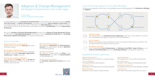 66 67
Adoption & Change Management
Die Digitale Transformation nach Innen tragen
Der Digital Workplace ist das Herzstück der Zusammenarbeit im Unternehmen. Wir untersützen Sie bei der strategi-
schen Ausrichtung Ihres digitalen Arbeitsplatzes und begleiten Sie auf Ihrem Weg der digitalen Transformation. Der
entscheidende Faktor für den Erfolg und die Produktivität Ihres Digital Workplace sind neben modernen Technolo-
gien, wie Microsoft Office 365, Microsoft Teams oder Atlassian Confluence Ihre Mitarbeiter, denn der Nutzen kommt
von Nutzung!
Mit unseren erprobten, interaktiven Workshopkonzepten bewirken wir als Adoption & Change Management Partner
von Microsoft eine hohe Mitarbeiterakzeptanz und sorgen so für eine ganzheitliche Einführung und nachhaltige
Nutzung Ihres digitalen Arbeitsplatzes in der gesamten Organisation.
Wir nehmen die Anwender auf ihrer Reise mit und befähigen sie auf den Wirkungsebenen. Wir Senbilisieren, Befähigen
und Begleiten.
Unser Einführungsvorgehen für ihren Digital Workplace
Dr. Peter Geißler
Business Line Manager Strategy & Adoption
Digital Transformation - Impulse setzen
Schauen Sie mit uns über den Tellerrand. Wir helfen
Ihnen beim Einstieg.
Auf dem Weg zur Digitalstrategie
Wir gestalten mit Ihnen Ihren digitalen Arbeitsplatz
strategisch und bringen Technologie, Organisations-
veränderung und Kultur zusammen.
Veränderungen erleben & mitgestalten
Neues Arbeiten wird erlebbar, indem wir Vorreiter fit
machen, Maßnahmen umsetzen, verproben und ge-
meinsam weiterentwickeln.
Neue Arbeitsweisen etablieren
Wir analysieren Kollaboration- & Kommunikations-
prozesse und zeigen welche spürbaren Mehrwerte
eine Veränderung bringt.
Akzeptanz sicherstellen
Wir führen Ihr Change Projekt vom Piloten in den
Produktivbetrieb und stellen die Nutzerakzeptanz
im Arbeitsalltag sicher.
Im Roll-out Fahrt aufnehmen
Mit verprobten, skalierbaren Formaten geht es in die
Breite.
Unsere Leistungen
Digital Enabling Concept
Begleitprogramme fürs Arbeiten von morgen designen.
Use Case Shopping
Den Digital Workplace selbst gestalten.
Adoption F**k-up
Bewusstsein für Probleme bei der Einführung entwickeln.
Werker Werkstatt
Mitarbeiter in der Produktion digital einbinden.
Leadership Garage
Führungskräfte für ihre neue Rolle sensibilisieren.
Personas Parcours
Personas für den digitalen Arbeitsalltag entwerfen.
Community of Champions
Den digitalen Austausch unter den Mitarbeitern fördern.
Learning Lunch
Auch offline Erfahrungen austauschen und lernen.
Ausgewählte Einführungsformate
Evergreen Change
Eine kontinuierliche und mitarbeiterzentrierte Begleitung schafft einen hohen Mehrwert und damit
eine hohe Akzeptanz der digitalen Transformation bei den Mitarbeitern.
Sinn vor Funktion
Moderne Arbeitsweisen, Nutzen & Mehrwerte sowie eine systemische Betrachtung von Mindset, Tool-
set, Skillset stellen den Erfolg der Einführung sicher.
New Work & Leadership
Durch die Verbindung neuer Arbeitskonzepte, wie Working out loud (WOL), Design Thinking uvm. mit
modernen Cloud Werkzeugen gelingt eine nachhaltige Akzeptanz in der gesamten Organisation.
Weiterentwicklung
Erfolgsmessung
Vision Pilot
StrategieRollout
Neue Arbeitsweisen
Einführungskonzept
Mehr unter:
 