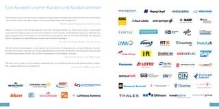 6 7
Eine Auswahl unserer Kunden und Kundenstimmen
"Communardo zeichnet sich durch seine strategische und ganzheitliche Vorgehensweise bei der Einführung von SharePoint
aus und bietet zudem einen guten Support und ein zuverlässiges Application Management."
Helge Stührmann, IT Organisator, Uhlmann Pac-Systeme
"Obgleich Jira schon in der Grundkonfiguration eine sehr mächtige Plattform ist, konnte durch die von Communardo
vorgenommenen Anpassungen eine noch höhere Effizienz erreicht werden. Die Projektdaten werden aus SAP über eine
eigens programmierte Schnittstelle in Jira importiert und sind dadurch über die Jira Suche auffindbar. Der Überblick
und die Transparenz für jeden Mitarbeiter wurden damit erheblich gesteigert."
Philip Gröting, IS Demand Manager, Thales Deutschland
"Seit dem ersten Kontakt begleiten uns die Experten von Communardo mit pragmatischen und zukunftsfähigen Lösungen.
Sie fußen auf fundierter Expertise zum Thema Digital Workplace und bündeln die aktuellen technologischen Entwicklungen
und Erfahrungen anderer Kunden. Das resultiert in akzeptierten und bezahlbaren Lösungen."
Martin Fischer, Projektleitung, ADAC Connect
"Wir waren sehr zufrieden mit Communardo, insbesondere der Art und Weise der Beratung. Wir bekamen Hilfe zur Selbst-
hilfe – genauso hatten wir es uns gewünscht."
Christian Kern, IT/EDV-Leitung, Düker
 