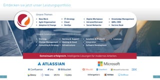 8 9
•	 Solutions & Products
•	 Integration
•	 Software Development
•	 Training
•	 Change Management
•	 Consulting & Strategy
Unsere Leistungen
•	 Service & Support
•	 Hosting & Cloud
•	 Infrastructure
•	 IT-Strategy
•	 Cloud
•	 DevOps
•	 Knowledge Management
•	 QMS, CRM
•	 Service Desk
•	 Digital Workplace
•	 Intranet/Extranet
•	 Social Networks
•	 New Work
•	 Agile Organisation
•	 Adoption & Change
Unsere Themen
Gemeinsam erfolgreich. Intelligente Lösungen für modernes Arbeiten.
Entdecken sie jetzt unser Leistungsportfolio
•	 Licences
 