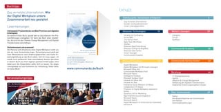 3
ISBN: 978-3739296203
Erhältlich im Fachhandel
als gebundene Ausgabe, eBook und
Kindle-Edition
www.communardo.de/buch
Buchtipp:
Das vernetzte Unternehmen: Wie
der Digital Workplace unsere
Zusammenarbeit neu gestaltet
Lesermeinungen
Interessante Praxiseinblicke und Best Practices zum digitalen
Arbeitsplatz
Ein wirklich tolles Buch, gerade weil so viele Autoren ihre Pra-
xiserfahrungen preisgeben. Ich kann das Buch allen empfeh-
len, die sich mit den Themen Change Management und Digitale
Transformation beschäftigen.
Hochinteressant und praxisnah!
Die Planung und Umsetzung eines Digital Workplace stellt uns
alle vor neue Herausforderungen. Dementsprechend groß war
mein Wissensdurst nach Erfahrungsberichten und meine Er-
wartungshaltung an das Buch selbst. Und ich muss sagen: ich
wurde nicht enttäuscht! Viele verschiedene Autoren berichten
in diesem Buch aus ihren eigenen positiven Erfahrungen, ohne
dabei auch die Stolperfallen außer Acht zu lassen. Sie zeigen
Lösungswege auf und motivieren zur Umsetzung. Vielen Dank,
ein tolles Werk!
Inhalt
Atlassian Technologien		 10
Intranet mit Confluence
Social QMS
Jira Service Desk
Agile Team Workflows
DevOps
Atlassian App-Entwicklung
Atlassian Enterprise Angebote
Atlassian Data Center
Cloud Lösungen
Communardo Produkte
Communardo. Gemeinsam erfolgreich.							 4
Das vernetzte Unternehmen
Kunden und Kundenstimmen
Unser Leistungsportfolio
Microsoft Solutions			 32
Digital Workplace
Digital Workplace mit Microsoft-Lösungen
Microsoft Office 365
Communardo Workplace Hub
Microsoft Teams
Intelligente Chatbots
Microsoft Surface Hub 2
Intranet mit Office 365
Intranet mit Valo
Enterprise Social Network mit Beezy
Collaboration mit Beezy
Prozesse im Digital Workplace realisieren
Nintex
Dynamics 365 for Marketing
App-Entwicklung und Integration
Microsoft Azure
Microsoft Search
Digital Workplace im Unternehmen entwickeln
harmon.ie
Weitere Lösungen 		 	 57
intergator
Circuit
Staffbase
Communardo Academy		 60
Communardo Service Center	 62
Beratung				 64
IT-Strategieberatung
Agilität
Adoption & Change Management
Gestaltung der digitalen Transformation
Etabliertes Einführungsvorgehen Intranet
Über Communardo 		 	 69
Fakten
Ihre Ansprechpartner bei Communardo
Ihre Notizen
Downloadempfehlungen				
						
Veranstaltungstipp:
 