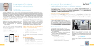 42 43
Intelligente Chatbots
mit Microsoft Cognitive Services
Messenger wie WhatsApp und Co. sind im privaten und im Unternehmensumfeld beliebt und ermöglichen eine un-
komplizierte und einfache Kommunikation mit Freunden und Verwandten. Doch wird dieses Konzept auch im Digital
Workplace benötigt? Die digitale Transformation treibt die Entwicklung neuer, auf bestimmte Use Cases spezialisierte
Anwendungen unaufhaltbar voran. Damit steigt die Anzahl der Anwendungen, die täglich Einsatz und Verwendung
finden. Doch wie gehen die Anwender mit dieser Vielfalt um? Gerade hier spielen in Zukunft immer stärker intelligen-
te Chatbots eine Rolle, die mit textbasierter Kommunikation eine neue Schnittstelle der Interaktion bieten und den
Zugriff auf dahinterliegende Anwendungen vereinfachen.
So lassen sich:
•	 Besprechungen mit dem Bot Meekan leichter planen,
•	 Flüge mit dem Bot Kayak leicht planen und buchen
•	 oder Zusammenfassungen aus umfangreichen
Texten erstellen.
Kurzum, Bots nehmen uns lästige Standardaufgaben ab
oder erleichtern uns unsere Arbeit. In Unternehmen hal-
ten Chatbots Einzug, wenn es um
•	 die Dienstreiseplanung,
•	 die Buchung von Meetingräumen oder
•	 die Suche in einem Telefonbuch geht.
Aber auch in Geschäftsprozessen können Bots uns un-
terstützen, indem sie wiederkehrende Service-Anfragen
beantworten und damit die Anzahl an Service-Anfragen
reduzieren und Kosten sparen. Vereinfacht eignen sich
Bots besonders, wenn die Aufgaben in mehreren Teil-
schritten ablaufen und einem Prozessverlauf folgen.
Folgende Vorteile können sich aus dem Einsatz von
Chatbots für ihr Unternehmen ergeben:
•	 Vereinfachte Bearbeitung von Standardaufgaben
(bspw. Dienstreisebuchung),
•	 Senkung der Kosten durch Übernahme von Routi-
neaufgaben durch Chatbots,
•	 Verbesserung ihres Kundenservices
Um einen Chatbot einzusetzen, sprechen sie am besten
mit uns.
Wir unterstützen sie dabei:
•	 ihren Bedarf zu analysieren,
•	 Anforderungen zu spezifizieren und in einen funktio-
nalen Entwurf zu überführen,
•	 den Chatbot zu implementieren, zu konfigurieren
und zu testen,
•	 ihren Chatbot in Betrieb zu nehmen und
•	 sie den Betrieb ihres Chatbots kontinuierlich zu sichern.
Dr. Christian Kummer
Leiter Digital Workplace – Integrations & Infrastructure
Microsoft Surface Hub 2
Kreative Meetings im Team durchführen - weltweit
Der digitale Arbeitsplatz ist die Basis der Zusammenarbeit, bei der Hardware, Cloud-basierte Anwendungen und
moderne Arbeitsmethoden eng miteinander verzahnt sind. Das Surface Hub 2 von Microsoft ist mehr als nur ein
Präsentationsmonitor – es bietet die Oberfläche für kreative Zusammenarbeit. Es verbindet Videoconferencing,
das Whiteboard und moderne Präsentationstechnik in einem Gerät.
Probieren sie die Faszination inspirierender Online
Meetings mit Ihren Kollegen aus und mieten, leasen
oder kaufen Sie Ihr neues Surface Hub 2 oder auch alle
anderen Surface Geräte. Ganz einfach. Über unseren
Partner:
https://surface.love
Natürlich auch im Bundle mit unseren Einführungs-
paketen.
Surface Hub 2 - Interaktives intelligentes Whiteboard
Microsoft bietet mit dem Surface Hub 2 ein Gerät, das etwas schlanker und leichtfüßiger als sein Vorgänger daher-
kommt. Das neue Modell hat ein 50,5 Zoll großes Display mit 4K-Auflösung. Es lassen sich bis zu 4 Geräte vertikal und
horizontal nebeneinander kombinieren. Durch den Fingerabdrucksensor und das Multi-User-Sign-in wird kollaborative
Zusammenarbeit in Teams zu einem echten Erlebnis. Das erste Gerät der neuen Generation, das Surface Hub 2S, ist
bereits lieferbar.
•	 Verkauf des Surface Hub 2 in der Größe 50,5“
•	 Organisation von der Anlieferung bis zur Installation
•	 technische Inbetriebnahme und Ersteinrichtung in ih-
rer Cloudumgebung
•	 Durchführung verschiedener Einführungsformate:
Impuls-, Change- und Enablingworkshops
•	 Durchführung weiterer Workshopformate, mögliche
Schwerpunkte sind:
	 » neue Arbeitsweisen etablieren
	 » modernes Führen
	 » effiziente Meetings durchführen
	 » kreative Arbeitstechniken in der Teamarbeit
Nutzen sie das Know-how des Experten
Als Adoption Partner für Microsoft Surface Hub unterstüt-
zen wir sie bei der Anwendungsfallorientierten Qualifizie-
rung ihrer Mitarbeiter. Im Mittelpunkt unserer Leistungen
steht die Etablierung neuer teamorientierter Arbeitsweisen
und die bereichsübergreifende, verteilte Kommunikation.
Was wir ihnen bieten:
Mehr unter:
 