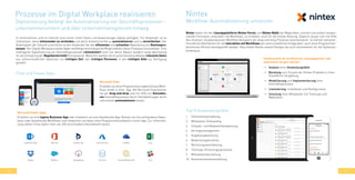 48 49
Prozesse im Digital Workplace realisieren
Digitalisierung bedingt die Automatisierung von Geschäftsprozessen -
unternehmensintern und über Unternehmensgrenzen hinweg
In Unternehmen und im Internet sind immer mehr Daten und Anwendungen digital verfügbar. Für Anwender ist es
interessant, diese miteinander zu verbinden und damit Arbeitsschritte zu automatisieren und zu vereinfachen. Der
Arbeitsplatz der Zukunft unterstützt so den Anwender bei der effizienten und schnellen Abwicklung von Routinepro-
zessen. Der Digital Workplace bietet dabei vielfältige technologische Möglichkeiten diese Prozesse umzusetzen. Eine
intelligente Digitalisierung von Geschäftsprozessen rationalisiert nicht nur deren Ablauf, sondern sorgt gleichzeitig
für die Einhaltung der Regelkonformität (Compliance). Weiterhin werden durch automatisierte Abläufe relevante Daten
aus unterschiedlichen Systemen zur richtigen Zeit, den richtigen Personen, in der richtigen Güte zur Verfügung
gestellt.
Flow und Power Apps
Microsoft Flow
Erstellen sie ohne Programmierungkenntnisse Work-
flows direkt in ihrer App. Mit Microsoft Flow können
sie per drag-and-drop und mit Hilfe von Konnekto-
ren Geschäftsprozesse durch Fachabteilungen leicht
und schnell automatisieren lassen.
Microsoft Power Apps
Erstellen sie ihre eigene Business-App oder erweitern sie eine bestehende App. Nutzen sie ihre vorhandene Daten-
basis oder bestehende Workflows und integrieren sie diese ohne Programmieraufwand in einer App. Zur Unterstüt-
zung stehen ihnen dafür mehr als 200 verschiedene Konnektoren bereit.
Nintex bietet mit der Lösungsplattform Nintex Forms und Nintex Mobil die Möglichkeit, schnell und einfach anspre-
chende Formulare, verbunden mit Workflows, zu erstellen, auch für die mobile Nutzung. Dadurch lassen sich mit Hilfe
des intuitiven, browserbasieren Workflow Designers per drag-and-drop Prozesse automatisieren. So können benutzer-
freundliche Oberflächen für die Interaktion mit Workflows auf unterschiedlichen Endgeräten, auch ohne Programmier-
kenntnisse effizient bereitgestellt werden. Dazu bietet Nintex sowohl Designs als auch Konnektoren für die Systeman-
bindung an.
Top10 Anwendungsfälle
1.	 Dienstreiseverwaltung
2.	 Mitarbeiter Onboarding
3.	 Urlaubs- und Abwesenheitsplanung
4.	 Vertragsmanagement
5.	 Angebotsabwicklung
6.	 Bewerbungsprozesse
7.	 Rechnungsverarbeitung
8.	 Trainings-/Schulungssprozesse
9.	 Mitarbeiterbeurteilung
10.	 Nutzerkontenbereitstellung
•	 Analyse ihrer Anwendungsfälle
•	 Beratung zum Einsatz der Nintex Produkte in ihrer
SharePoint-Umgebung
•	 Modellierung und Implementierung ihrer
Geschäftsprozesse
•	 Lizenzierung, Installation und Konfiguration
•	 Schulung ihrer Mitarbeiter mit Trainings und
Webinaren
Communardo ist zertifizierter Lösungspartner und
unterstützt sie gern bei der:
Nintex
Workflow-Automatisierung umsetzen
 