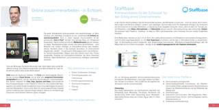 58 59
Staffbase
Kommunikation ist der Schlüssel für
den Erfolg eines Unternehmens
In der internen Kommunikation liegt die Herausforderung darin, alle Mitarbeiter zu erreichen - nicht nur solche, die im Innen-
dienst täglich am Rechner arbeiten, sondern auch diejenigen, die nicht über einen PC-Arbeitsplatz verfügen. Der Austausch
von Informationen ist für jeden Mitarbeiter zur Ausübung seiner Aufgaben essenziell. Schön, wenn es dafür ein Tool gibt, wo-
mit Mitarbeiter mobil News, Informationen und Dokumente abrufen können. Gleichzeitig können alle miteinander chatten.
Die modulare SaaS-Plattform „Staffbase“ ist dabei zu 100% individualisierbar und in kürzester Zeit auf mobilen Endgeräten
installiert.
Eine Webbrowser-Variante ist auch mit an Bord. Hier haben Administratoren und Redakteure verschiedene Konfigurations-
und Formatierungsmöglichkeiten, um die User Experience zu erhöhen und die App in Sekundenschnelle zu aktualisieren.
Egal, ob Bereitstellung zeitlich begrenzter oder längerfristiger Informationen, Mitarbeiterzufriedenheitsabfragen oder die
Möglichkeit sich für Events einzutragen - die App ist der mobile Zugangspunkt für den Digitalen Arbeitsplatz.
Das bietet ihnen Staffbase:
•	 Kommunikation auf Augenhöhe
•	 Hierarchieübergreifende Interaktionen, von Mitarbei-
tern erstellte Inhalte und gemeinsame Nutzererlebnisse
steigern die Mitarbeiterbindung und die Effektivität der
Belegschaft.
•	 Dienstleistungen
•	 Dokumente und Formulare, SAP-Integrationen, Mitar-
beiterverzeichnisse, Termin- und Schichtplaner, Karten,
Kantinenmenüs u.a.
•	 Einbindung und Anerkennung
Die zur Verfügung gestellten Kommunikationsinstrumente
ermöglichen den Mitarbeitern, Leistungen anderer zu erken-
nen und wert zu schätzen. Dies schafft eine Atmosphäre des
Vertrauens und des Zusammenhalts.
Onboarding
Das mobile Bereitstellen von Informationen erleichtert das
Onboarding neuer Mitarbeiter. Checklisten, Richtlinien und
Verzeichnisse helfen beim Onboarding neuer Mitarbeiter.
Gleichzeitig können diese vom ersten Tag an aktiv im Team
mitwirken.
Die breite Verfügbarkeit leistungsstarker Internetverbindungen im Büro,
zuhause und unterwegs ermöglicht es uns, zunehmend in Echtzeit zu-
sammenzuarbeiten. Auch in Zeiten digitaler Kommunikation ist der
persönliche „Face-2-Face“ Kontakt eine wichtige Basis für erfolgreiche
Kooperation. Darauf aufbauend können Webkonferenzen genutzt werden,
um bspw. Teambesprechungen verteilt und online durchzuführen - ohne
Reisezeit und -kosten. Kollegen im Homeoffice können über handels-
übliche Hardware direkt in das laufende Geschehen im Unternehmen
eingebunden werden - mit geringeren Reibungsverlusten und verbesser-
ter Familienfreundlichkeit. Möglich wird dies letztlich durch den Einsatz
ausgereifter Produkte zur Echtzeitkommunikation, die heute Teamchat,
Telefonie, Video-Konferenzen und Screensharing intelligent miteinander
verbinden.
Online zusammenarbeiten - in Echtzeit.
Dirk Röhrborn
Geschäftsführer
•	 Online Collaboration Strategie
•	 Technologieauswahl und
Lizenzierung
•	 Einführungsunterstützung
•	 Technische Integration
•	 Training
•	 Support
Communardo. Ihr Spezialist für Online Zusammenarbeit im Unternehmen.
Das bekommen sie von uns
Tools wie Whatsapp, Facebook Messenger oder Slack haben dafür große Be-
liebtheit erlangt. Aus Datenschutzgründen sind diese Anbieter für viele Un-
ternehmen jedoch keine anwendbare Option!
Unify bietet als deutscher Anbieter mit Ciruit eine hervorragende Alterna-
tive als sicheren Cloud-Service. Circuit stellt eine integrierte Kommunika-
tionsplattform bereit, auf der sämtliche Konversationen zusammenlaufen.
Das System integriert mit Chat, Files, Sprache und Video unterschiedliche
Kommunikationkanäle in einer Plattform. Clients für verschiedene Betriebs-
systeme und mobile Geräte ermöglichen einen ortsunabhängigen Austausch
zwischen Mitarbeitern. Circuit ist vor allem für seine ausgezeichnete Usability
und ein modernes User Interface Design bekannt. Ebenso ist mit OpenScape
Cloud eine cloud-basierte Telefonie-Option verfügbar.
 