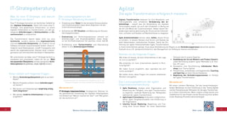 64 65
Agilität
Die agile Transformation erfolgreich meistern
Digitale Transformation bedeutet für ihre Mitarbeiter und
Führungskräfte eine erhebliche Veränderung des Ar-
beitsalltags – sowohl was die Verwendung von digitalen
Technologien angeht, als auch das Umdenken in Bezug auf
die Art und Weise der Zusammenarbeit. Neben diesen Ver-
änderungen wächst gleichzeitig der Druck auf die Unterneh-
men, schneller und flexibler auf Markteinflüsse zu reagieren.
Agile Arbeitsmethoden können dabei helfen, diesen Druck
zu mindern. In diesem Kontext sind Scrum und Kanban die
wohl bekanntesten methodischen Ansätze. Damit die Ein-
führung von agilen Arbeitsmethoden (agile Transformation)
in ihrem Unternehmen gelingt, muss diese Veränderung von Beginn an als Veränderungsprozess betrachtet werden.
Deshalb ist es z.B. zwingend erforderlich, das Management von Anfang an intensiv einzubinden.
Wie finde ich heraus, ob mein Unternehmen in der Lage
ist, sich zu wandeln?
Wie entwickle ich mein Unternehmen (weiter) in Rich-
tung Agilität?
Wir haben Scrum eingeführt, aber irgendwie hat sich
nichts verändert?
Wir helfen ihnen, diese Fragen mit unseren erfahrenen
Beratern anzugehen.
•	 Agile Readiness: Analyse einer Organisation und
Bewertung der Fähigkeit, eine agile Transformation
zu beginnen; laufende Bewertung des Reifegrades
während der agilen Transformation
•	 Agile Expert Consultancy: Entwickeln maßgeschnei-
derter agiler Vorgehensmodelle und Einführung in
der Organisation
•	 Interims Scrum Mastering: Begleitung und Coa-
ching ihrer Scrum Master für einen bestimmten
Zeitraum durch unsere Experten
•	 Ausbildung von Scrum Mastern und Product Ownern,
sowie Vermittlung anderer agiler Methoden (z.B. Kan-
ban, XP, usw.)
•	 Konzeption und Durchführung individueller Work-
shops zum Thema Agilität
•	 Persönliches, einleitendes und begleitendes Coaching
und Sparring auf allen Hierarchieebenen
•	 Begleitung des Veränderungsprozesses im Kontext
der agilen Transformation
Wie starten sie?
Mit einem Leitstern Workshop. Ziel des hierarchieübergrei-
fenden Workshops ist eine Einführung in das Thema Agilität
und die Feststellung der Motivation für die agile Transformati-
on in ihrem Unternehmen. Wenn möglich erfolgt bereits eine
Zieldefinition für das Projekt und die Skizzierung einer groben
ersten Roadmap (Transformationsstrategie).
Kennen sie die folgende Fragen...
Das Leistungsspektrum der agilen
Organisationsentwicklung:
Mehr unter:
IT-Strategieberatung
Eine IT-Strategie formuliert ein fachliches Zielbild für
den digitalen Arbeitsplatz. Damit hilft ihnen eine IT-
Strategie, ihre gewachsene Infrastruktur zu einem
digitalen Arbeitsplatz zu transformieren, um den ge-
stiegenen Anforderungen an Kommunikation und Zu-
sammenarbeit zu entsprechen.
Die Transformation besitzt dabei nicht nur eine
technische, sondern ebenso eine organisatorische
und eine kulturelle Komponente, da moderne Social
Software vernetzte Zusammenarbeit fördert. Diese er-
möglicht neue Arbeitsweisen, schafft Transparenz und
weicht die organisatorischen Grenzen einer Linienor-
ganisation auf und erleichtert die Arbeit in Netzwerken.
Wir unterstützen sie dabei, eine IT-Strategie fachlich zu
erarbeiten und umzusetzen, indem wir sie zur Wahl
des passenden Ökosystems und den geeigneten Archi-
tekturoptionen (on premise, cloud, hybrid) beraten.
•	 Welche Anwendungsökosysteme gibt es auf dem
Markt?
•	 Welche Produkte erfüllen meine Anforderungen
am besten?
•	 Wie lassen sich Anwendungen langfristig erfolg-
reich integrieren?
•	 Wie werden moderne Arbeitsweisen erfolgreich
eingeführt?
•	 Erstellung einer Vision für die vernetzte Kommunikation
und Zusammenarbeit sowie deren Alignment mit der
Unternehmensstrategie,
•	 Aufnahme der IST-Situation und Ableitung von Konsoli-
dierungspotenzialen,
•	 Evaluierung von Technologieoptionen anhand von
Anforderungen und Anwendungsfällen sowie Analy-
se von Architekturoptionen (on premise, cloud, hybrid),
•	 Erarbeitung einer Facharchitektur und Übersetzung
dieser in eine Anwendungsarchitektur.
Wie starten sie?
IT-Strategie-Impulsworkshop. Strategischer Rahmen für
die ganzheitliche Umsetzung des digitalen Arbeitsplatzes
mit Antwort auf "Warum machen wir das?" und "Wie gehen
wir das technisch an?".
Zusammenspiel von strategischen Projekten und IT- ge-
triebenen Projekte mit unterschiedlichen Reichweiten.
Was ist eine IT-Strategie und warum
benötigen sie diese?
Ihnen stellen sich folgende Fragen...
Das Leistungsspektrum der
IT-Strategie-Beratung (Auswahl)
Weitere Informationen unter:
 