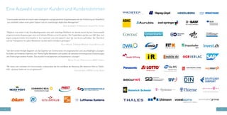 6 7
Eine Auswahl unserer Kunden und Kundenstimmen
"Communardo zeichnet sich durch seine strategische und ganzheitliche Vorgehensweise bei der Einführung von SharePoint
aus und bietet zudem einen guten Support und ein zuverlässiges Application Management."
Helge Stührmann, IT Organisator, Uhlmann Pac-Systeme
"Obgleich Jira schon in der Grundkonfiguration eine sehr mächtige Plattform ist, konnte durch die von Communardo
vorgenommenen Anpassungen eine noch höhere Effizienz erreicht werden. Die Projektdaten werden aus SAP über eine
eigens programmierte Schnittstelle in Jira importiert und sind dadurch über die Jira Suche auffindbar. Der Überblick
und die Transparenz für jeden Mitarbeiter wurden damit erheblich gesteigert."
Philip Gröting, IS Demand Manager, Thales Deutschland
"Seit dem ersten Kontakt begleiten uns die Experten von Communardo mit pragmatischen und zukunftsfähigen Lösungen.
Sie fußen auf fundierter Expertise zum Thema Digital Workplace und bündeln die aktuellen technologischen Entwicklungen
und Erfahrungen anderer Kunden. Das resultiert in akzeptierten und bezahlbaren Lösungen."
Martin Fischer, Projektleitung, ADAC Connect
"Wir waren sehr zufrieden mit Communardo, insbesondere der Art und Weise der Beratung. Wir bekamen Hilfe zur Selbst-
hilfe – genauso hatten wir es uns gewünscht."
Christian Kern, IT/EDV-Leitung, Düker
 