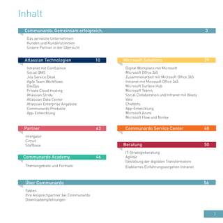 3
Inhalt
Atlassian Technologien 10
Intranet mit Confluence
Social QMS
Jira Service Desk
Agile Team Workflows
DevOps
Private Cloud Hosting
Atlassian Stride
Atlassian Data Center
Atlassian Enterprise Angebote
Communardo Produkte
App-Entwicklung
Communardo. Gemeinsam erfolgreich. 3
Das vernetzte Unternehmen
Kunden und Kundenstimmen
Unsere Partner in der Übersicht
Microsoft Solutions 29
Digital Workplace mit Microsoft
Microsoft Office 365
Zusammenarbeit mit Microsoft Office 365
Intranet mit Microsoft Office 365
Microsoft Surface Hub
Microsoft Teams
Social Collaboration und Intranet mit Beezy
Valo
Chatbots
App-Entwicklung
Microsoft Azure
Microsoft Flow und Nintex
Partner 43
intergator
Circuit
Staffbase
Communardo Academy 46
Themengebiete und Formate
Communardo Service Center 48
Beratung 50
IT-Strategieberatung
Agilität
Gestaltung der digitalen Transformation
Etabliertes Einführungsvorgehen Intranet
Über Communardo 56
Fakten
Ihre Ansprechpartner bei Communardo
Downloadempfehlungen
 