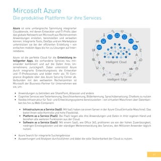 41
Mircosoft Azure
Die produktive Plattform für ihre Services
Azure ist eine umfangreiche Sammlung integrierter
Clouddienste, mit denen Entwickler und IT-Profis über
das globale Netzwerk von Microsoft aus Rechenzentren
Anwendungen erstellen, bereitstellen und verwalten
können. Integrierte Tools, DevOps und ein Marketplace
unterstützen sie bei der effizienten Erstellung – von
einfachen mobilen Apps bis hin zu Lösungen auf Inter-
netebene.
Azure ist die perfekte Cloud für die Entwicklung in-
telligenter Apps, die vorhandene Services neu mit-
einander kombiniert und auf die Daten ihres Un-
ternehmens zurückgreift. Dabei unterstützt Azure
durch integrierte Entwicklungstools die Entwickler
und IT-Professionals und bildet mehr als 70 Com-
pliance Angebote über das Azure Security Center ab.
Verbunden mit den weltweiten Rechenzentren ist
Microsoft der Business-Partner für Unternehmen wie
sie, um:
•	 Anwendungen zu betreiben wie SharePoint, Atlassian und andere
•	 Cognitive Services wie Texterkennung, Gesichtserkennung, Bilderkennung, Sprachübersetzung, Chatbots zu nutzen
•	 flexible Infrastruktur für Test- und Entwicklungssysteme bereitzustellen - von virtuellen Maschinen über Datenban-
ken bis hin zu Web-Containern
•	 Infrastructure as a Service (IaaS): Mit IaaS haben sie einen Server in der Azure Cloud (virtuelle Maschine). Das
bietet ihnen volle Kontrolle und hohe Flexibilität.
•	 Platform as a Service (PaaS): Bei PaaS liegen alle ihre Anwendungen und Daten in ihrer eigenen Hand und
beziehen alle weiteren Funktionen aus der Cloud.
•	 Software as a Service (SaaS): Mit einem SaaS, wie Office 365, profitieren sie von der hohen Zuverlässigkeit,
niedrigen Einstiegskosten und der ständigen Weiterentwicklung des Services, den Millionen Anwender täglich
nutzen.
•	 Azure Search für integrierte Suchergebnisse
•	 Auswertungen und Analysen durchzuführen und dabei die volle Skalierbarkeit der Cloud zu nutzen.
 