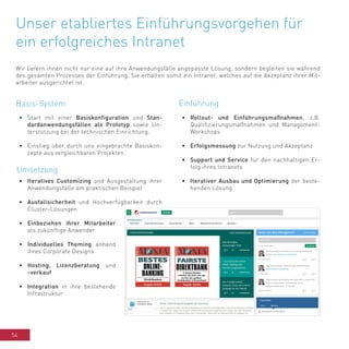 54
Unser etabliertes Einführungsvorgehen für
ein erfolgreiches Intranet
Basis-System
•	 Start mit einer Basiskonfiguration und Stan-
dardanwendungsfällen als Prototyp sowie Un-
terstützung bei der technischen Einrichtung.
•	 Einstieg über durch uns eingebrachte Basiskon-
zepte aus vergleichbaren Projekten.
Umsetzung
Einführung
•	 Rollout- und Einführungsmaßnahmen, z.B.
Qualifizierungsmaßnahmen und Management-
Workshops
•	 Erfolgsmessung zur Nutzung und Akzeptanz
•	 Support und Service für den nachhaltigen Er-
folg ihres Intranets
•	 Iterativer Ausbau und Optimierung der beste-
henden Lösung
Wir liefern ihnen nicht nur eine auf ihre Anwendungsfälle angepasste Lösung, sondern begleiten sie während
des gesamten Prozesses der Einführung. Sie erhalten somit ein Intranet, welches auf die Akzeptanz ihrer Mit-
arbeiter ausgerichtet ist.
•	 Iteratives Customizing und Ausgestaltung ihrer
Anwendungsfälle am praktischen Beispiel
•	 Ausfallsicherheit und Hochverfügbarkeit durch
Cluster-Lösungen
•	 Einbeziehen ihrer Mitarbeiter
als zukünftige Anwender
•	 Individuelles Theming anhand
ihres Corporate Designs
•	 Hosting, Lizenzberatung und
-verkauf
•	 Integration in ihre bestehende
Infrastruktur
 
