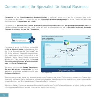 56
Communardo. Ihr Spezialist für Social Business.
Verbessern sie die Kommunikation & Zusammenarbeit in verteilten Teams durch ein Social Intranet oder einen
Collaboration Workplace. Ermöglichen sie ein lebendiges Wissensmanagement in ihrem Enterprise Wiki oder
implementieren sie agile Team Workflows.
Communardo ist Microsoft Gold Partner, Atlassian Platinum Solution Partner sowie IBM Advanced Business Partner und
Partner von Beezy, Nintex, Unify und United Planet. Wir sind Technologiespezialist u.a. für Microsoft SharePoint, Atlassian
Confluence, Atlassian Jira und IBM Connections.
Communardo wurde für 2018 zum fünften Mal
als Social Business Leader im Rahmen der Stu-
die "Social Business Vendor Benchmark" der
ISG Group (ehemals Experton) ausgezeichnet.
Den Leader-Status erhielt Communardo in der
Kategorie "Social Transformation - Consulting
& Integration". Wir sind Spezialist für interne
Kommunikationslösungen, Wissensmanage-
ment und Social Collaboration.
Wir setzen mit ihnen die digitale Transforma-
tion zum vernetzten Unternehmen um und
realisieren produktive Applikationen für den
digitalen Arbeitsplatz.
Dabei unterstützen wir sie bei der Auswahl der richtigen Software, erarbeiten Einführungsstrategien zum Change Ma-
nagement, realisieren die technologische Integration und passen die Lösungen, unter anderem durch die Eigenentwick-
lung von Add-ons und Apps, genau ihren individuellen Bedürfnissen an.
Mit einem starken Partnernetzwerk der führenden Hersteller von Social Software Lösungen erhalten sie bei uns alle
Leistungen aus einer Hand: von der Lizenzierung bis hin zum Hosting.
 