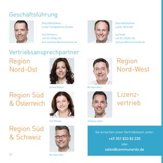 42
Geschäftsführung
Dirk Röhrborn
+49 351 83382 210
dirk.roehrborn@communardo.de
Ilja Hauß
+49 351 83382 220
ilja.hauss@communardo.de
Geschäftsführer
Leiter Competence Center
Geschäftsführer
Leiter Vertrieb
Vertriebsansprechpartner
Ulrike Bothur
Region
Nord-Ost
Ute Philipp
Region
Nord-West
Sie erreichen unser Vertriebsteam unter:
+49 351 833 82 230
oder
sales@communardo.de
Region Süd
& Schweiz
Andreas Adler
Lizenz-
vertrieb
Michael Beitz
Michael Köhr
Region Süd
& Österreich
 