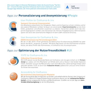 25
Alle unsere Apps im Atlassian Marketplace haben die Auszeichnung "Top Ven-
dor". Unseren Kunden garantiert Atlassian damit einen etablierten und zuver-
lässigen App-Anbieter, der ihnen jederzeit unterstützend zur Seite steht.
Apps zur Personalisierung und Anonymisierung #People
User Profiles for Confluence & Jira
Teamwork | Vernetzung | Zusammenarbeit
Ihre Mitarbeiter präsentieren ihre Fähigkeiten, Daten und ihre Expertise schnell, mühelos und für
alle anderen Mitarbeiter sichtbar. So bauen sie untereinander Expertennetzwerke auf, die ihnen
helfen, produktiver und effizienter zusammen zu arbeiten. Hierarchien werden durch das inte-
grierte Organigramm sichtbar und unterstützen die internen Freigabeprozesse. Administratoren
sparen Zeit durch den automatischen Abgleich mit dem LDAP und Active Directory.
Apps zur Optimierung der Nutzerfreundlichkeit #UX
Accessibility for Confluence
Barrierefreiheit | Gleichstellung aller Mitarbeiter
Mit der Accessibility App ermöglichen sie blinden und sehbehinderten Nutzern den Umgang mit
Confluence. Motorisch eingeschränkte Nutzer profitieren ebenso von der verbesserten Bedien-
barkeit und den angepassten Sichten und Menüfunktionen. Schaffen sie mit der App eine kom-
fortable Arbeitsumgebung für all ihre Mitarbeiter.
CUTE for Confluence & Jira
OnBoarding | Corporate Design
Mit CUTE passen sie die Nutzeroberfläche von Confluence und Jira ganz einfach an ihr Firmen-
design an, sodass sich ihre Mitarbeiter auf Anhieb wohl und zu Hause in den beiden Systemen
fühlen. Gestalten sie auch die Menüstruktur nach ihren Wünschen, damit wichtige Inhalte sofort
gefunden werden. CUTE ist durch den modularen Ansatz updatesicher und auch ohne Entwick-
ler-Know-how anpassbar.
User Anonymizer for Confluence & Jira
DSGVO | Anonymisierung | Personenbezogene Daten
Mit der im Mai 2018 in Kraft getretenen EU-Datenschutz-Grundverordnung (DSGVO) hat jeder
Nutzer das Recht, „vergessen zu werden“. Mit dieser App lassen sich die Informationen einzelner
Nutzer, wie deren Profile oder Kommentare, in Confluence und Jira anonymisieren.
 