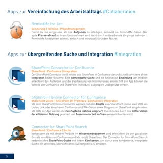 26
RemindMe for Jira
Erinnerung | Termine | Projektmanagement
Damit sie nie vergessen, all ihre Aufgaben zu erledigen, erinnert sie RemindMe daran. Der
agile Prozessablauf in ihrem Unternehmen wird nicht durch unbearbeitete Vorgänge behindert.
RemindMe funktioniert schnell, einfach und individuell für jeden Nutzer.
Apps zur Vereinfachung des Arbeitsalltags #Collaboration
Apps zur übergreifenden Suche und Integration #Integration
Connector for SharePoint Search
SharePoint | Confluence | Suche
Verbessern sie mit diesem Produkt ihr Wissensmanagement und erleichtern sie den parallelen
Einsatz von Atlassian Confluence und Microsoft SharePoint. Der Connector for SharePoint Search
verbindet ihre SharePoint-Suche mit ihrem Confluence, um durch eine kombinierte, integrierte
Suche ein vereintes, übersichtliches Suchergebnis zu erhalten.
SharePoint Connector for Confluence
SharePoint | Confluence | Integration
Der SharePoint Connector stellt Inhalte aus SharePoint in Confluence dar und schafft somit eine aktive
Integration beider Systeme. Eine gemeinsame Suche und die beidseitige Einbindung von Inhalten
erleichtert das Auffinden und die Bearbeitung von Informationen enorm. Mit der App können die
Vorteile von Confluence und SharePoint individuell ausgespielt und genutzt werden.
SharePoint Online Connector for Confluence
SharePoint Online | SharePoint On Premises | Confluence | Integration
Mit dem SharePoint Online Connector werden mühelos Inhalte aus SharePoint Online oder 2016 als
Listen, Link oder Vorschau in Confluence und Wiki-Seiten sowie Blogposts in SharePoint eingebunden.
Mit Hilfe der App werden die zwei Systeme nahtlos integriert, Investitionen durch das Sicherstellen
der effizienten Nutzung gesichert und Zusammenarbeit im Team wesentlich unterstützt.
 