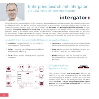 46
Enterprise Search mit intergator
die universelle Unternehmenssuche
Die Digitalisierung in Unternehmen bringt eine stetig wachsende Anzahl von Dokumenten, Nachrichten, Datensätzen
und E-Mails mit sich. Oft werden all diese Informationen in verschiedenen Systemen abgelegt, die kaum oder nur
schwer ganzheitlich durchsuchbar sind. Das erschwert das Auffinden und Verknüpfen von Informationen. interga-
tor ist eine systemübergreifende Suchmaschine, Wissensmanagement- und Analytics-Plattform, die ihnen wertvolle
Arbeitszeit spart. In Sekundenschnelle können ihre Mitarbeiter und Kunden relevante Informationen aus Millionen
von Dokumenten, E-Mails, Webseiten und anderen Datensätzen finden. Dabei integrieren sie intergator einfach in ihr
bestehendes System und berücksichtigen somit gleich interne Zugriffsrechte bei der Suche von Informationen.
•	 Universell: intergator ist eine Suche für alle In-
formationen im Unternehmen
•	 Sicher: Zugriffsrechte auf Dokumente und Datei-
en werden berücksichtigt
•	 Social: Nutzer können Suchergebnisse individuell
markieren
Das bietet ihnen die universelle Unternehmenssuche intergator
•	 Semantisch: Informationsbeziehung und Kategorien
werden automatisch abgebildet und vorgeschlagen
•	 Integrativ: ein persönliches Dashboard erlaubt den
schnellen Zugriff auf alle Informationen
•	 Visuell: intergator stellt der Textvorschau auch
Vorschaubilder und typabhängige Metadaten zur
Verfügung
Über unseren Partner interface:projects können wir
ihnen nicht nur eine Softwarelösung für die universelle
Unternehmenssuche anbieten, sondern auch eine Ap-
pliance-Lösung. Das ist die ideale Lösung für sie, wenn
sie die maximale Leistung bei minimalem Integrations-
aufwand und eine optimale Skalierbarkeit des Systems
sicherstellen wollen.
intergator auch als
Appliance-Lösung
 