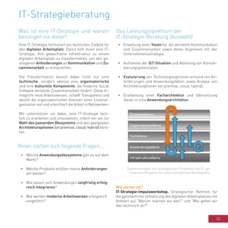 53
IT-Strategieberatung
Eine IT-Strategie formuliert ein fachliches Zielbild für
den digitalen Arbeitsplatz. Damit hilft ihnen eine IT-
Strategie, ihre gewachsene Infrastruktur zu einem
digitalen Arbeitsplatz zu transformieren, um den ge-
stiegenen Anforderungen an Kommunikation und Zu-
sammenarbeit zu entsprechen.
Die Transformation besitzt dabei nicht nur eine
technische, sondern ebenso eine organisatorische
und eine kulturelle Komponente, da moderne Social
Software vernetzte Zusammenarbeit fördert. Diese er-
möglicht neue Arbeitsweisen, schafft Transparenz und
weicht die organisatorischen Grenzen einer Linienor-
ganisation auf und erleichtert die Arbeit in Netzwerken.
Wir unterstützen sie dabei, eine IT-Strategie fach-
lich zu erarbeiten und umzusetzen, indem wir sie zur
Wahl des passenden Ökosystems und den geeigneten
Architekturoptionen (on premise, cloud, hybrid) bera-
ten.
•	 Welche Anwendungsökosysteme gibt es auf dem
Markt?
•	 Welche Produkte erfüllen meine Anforderungen
am besten?
•	 Wie lassen sich Anwendungen langfristig erfolg-
reich integrieren?
•	 Wie werden moderne Arbeitsweisen erfolgreich
eingeführt?
•	 Erstellung einer Vision für die vernetzte Kommunikation
und Zusammenarbeit sowie deren Alignment mit der
Unternehmensstrategie,
•	 Aufnahme der IST-Situation und Ableitung von Konsoli-
dierungspotenzialen,
•	 Evaluierung von Technologieoptionen anhand von An-
forderungen und Anwendungsfällen sowie Analyse von
Architekturoptionen (on premise, cloud, hybrid),
•	 Erarbeitung einer Facharchitektur und Übersetzung
dieser in eine Anwendungsarchitektur.
Wie starten sie?
IT-Strategie-Impulsworkshop. Strategischer Rahmen für
die ganzheitliche Umsetzung des digitalen Arbeitsplatzes mit
Antwort auf "Warum machen wir das?" und "Wie gehen wir
das technisch an?".
Zusammenspiel von strategischen Projekten und IT- ge-
triebenen Projekte mit unterschiedlichen Reichweiten.
Was ist eine IT-Strategie und warum
benötigen sie diese?
Ihnen stellen sich folgende Fragen...
Das Leistungsspektrum der
IT-Strategie-Beratung (Auswahl)
 