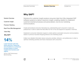 Executive Summary

Solution Overview

Contact Us

Why SAP?
Solution Overview
Customer Insight

Solutions for customer insight analyze consumer data from fully integrated SAP
software systems to deliver maximum insight, enabling retailers to implement
customer-oriented processes and personalized, one-to-one marketing
communications.

Precision Retailing
Real-Time Offer Management

Create personalized consumer interactions by understanding each consumer’s needs and
preferences in order to select the best offers for him or her and respond to requests in real time.

Value Map
Why SAP?

14%

Implement a consumer interaction engine to create optimal, automated consumer communications
based on previous recorded shopping behavior and marketing inputs.
Collect very detailed information about consumer activities, behavior, and preferences in order to
optimize marketing activities and future interactions with consumers.

Lower forecast cycle time
where planning, measuring,
and simulation is a continuous
process based on recent
insights from functions and
regions
Source: SAP Performance
Benchmarking

21 / 23

© 2013 SAP AG or an SAP affiliate company.
All rights reserved.

 