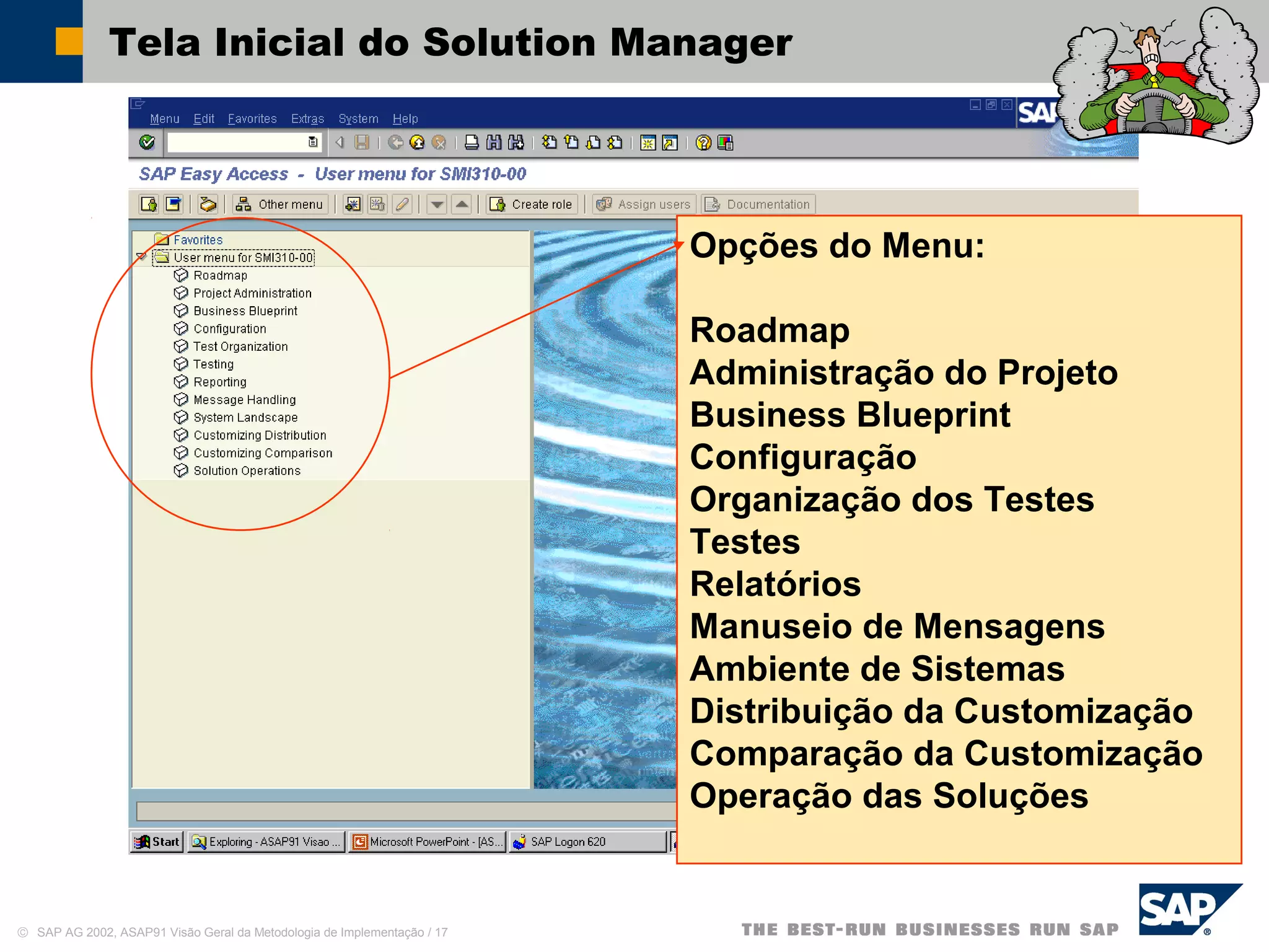 © SAP AG 2002, ASAP91 Visão Geral da Metodologia de Implementação / 17
Tela Inicial do Solution Manager
Opções do Menu:
Roadmap
Administração do Projeto
Business Blueprint
Configuração
Organização dos Testes
Testes
Relatórios
Manuseio de Mensagens
Ambiente de Sistemas
Distribuição da Customização
Comparação da Customização
Operação das Soluções
 