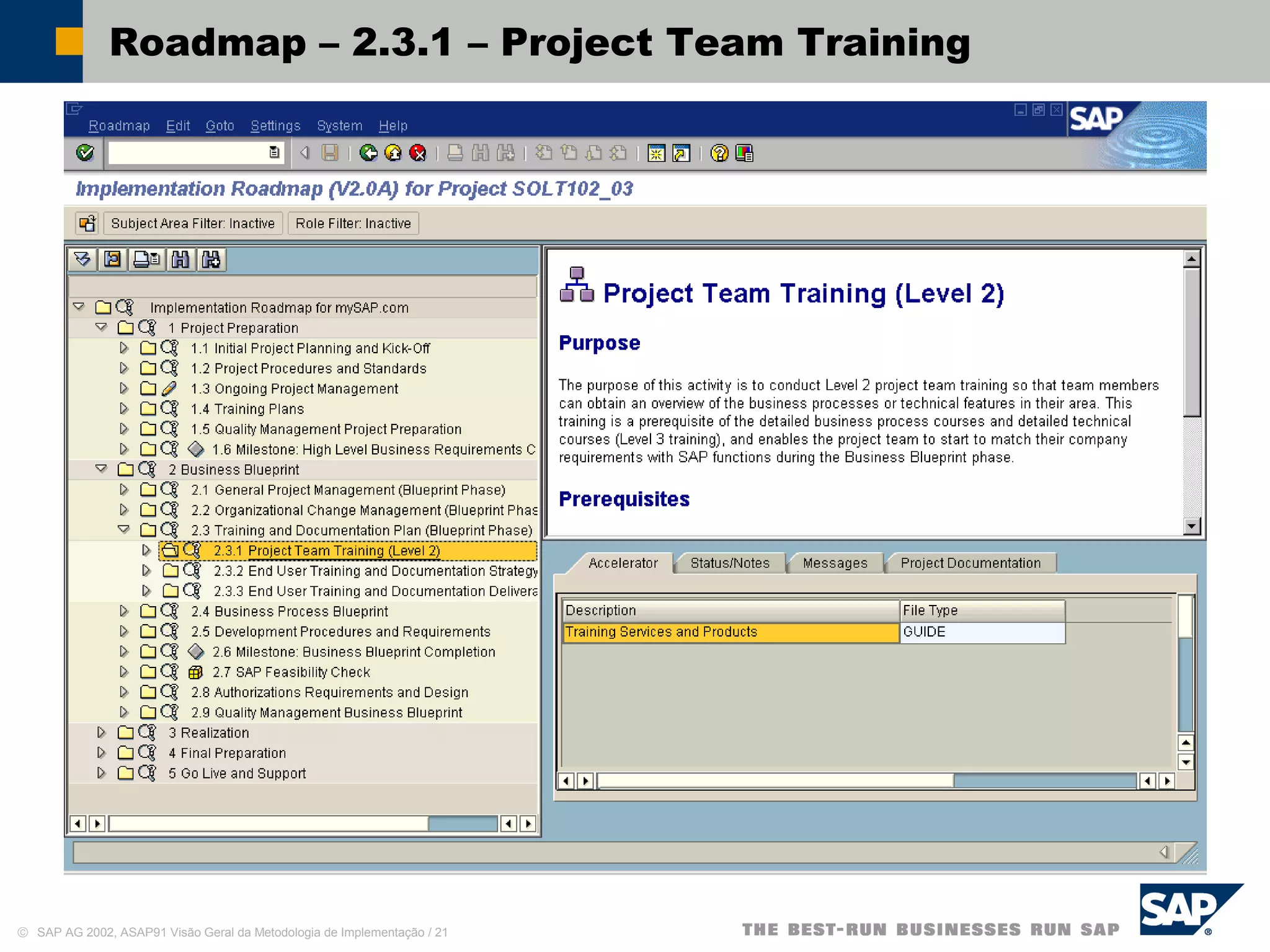 © SAP AG 2002, ASAP91 Visão Geral da Metodologia de Implementação / 21
Roadmap – 2.3.1 – Project Team Training
 