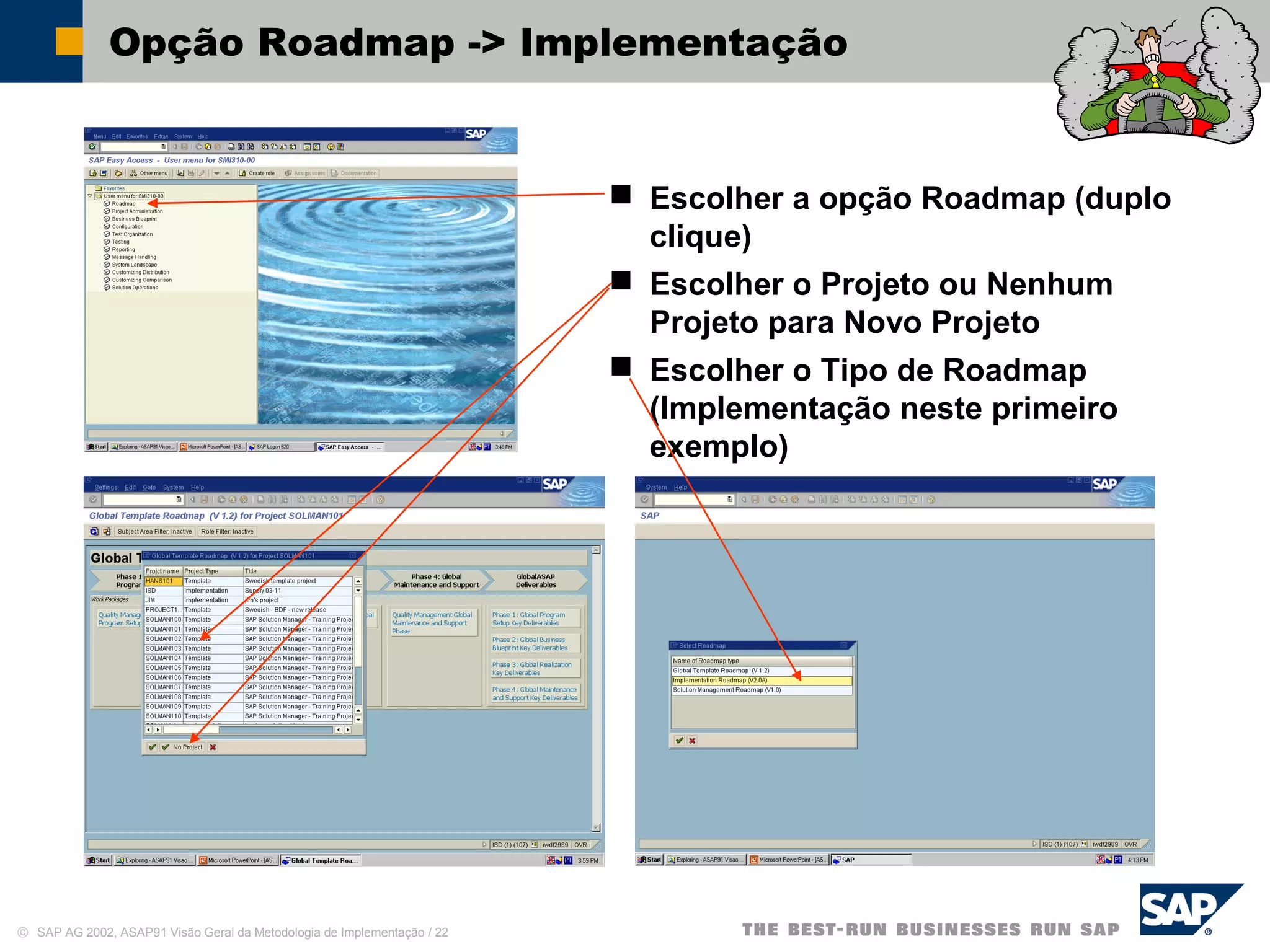 © SAP AG 2002, ASAP91 Visão Geral da Metodologia de Implementação / 22
Opção Roadmap -> Implementação
 Escolher a opção Roadmap (duplo
clique)
 Escolher o Projeto ou Nenhum
Projeto para Novo Projeto
 Escolher o Tipo de Roadmap
(Implementação neste primeiro
exemplo)
 