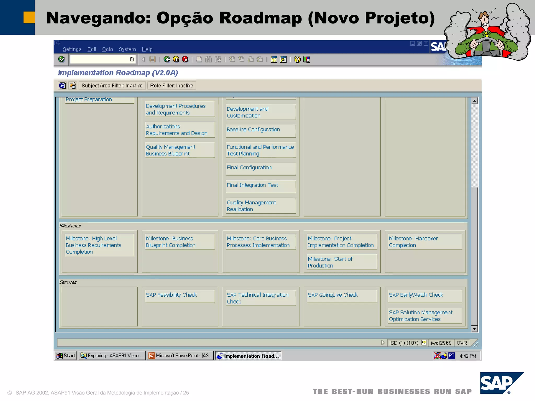 © SAP AG 2002, ASAP91 Visão Geral da Metodologia de Implementação / 25
Navegando: Opção Roadmap (Novo Projeto)
 