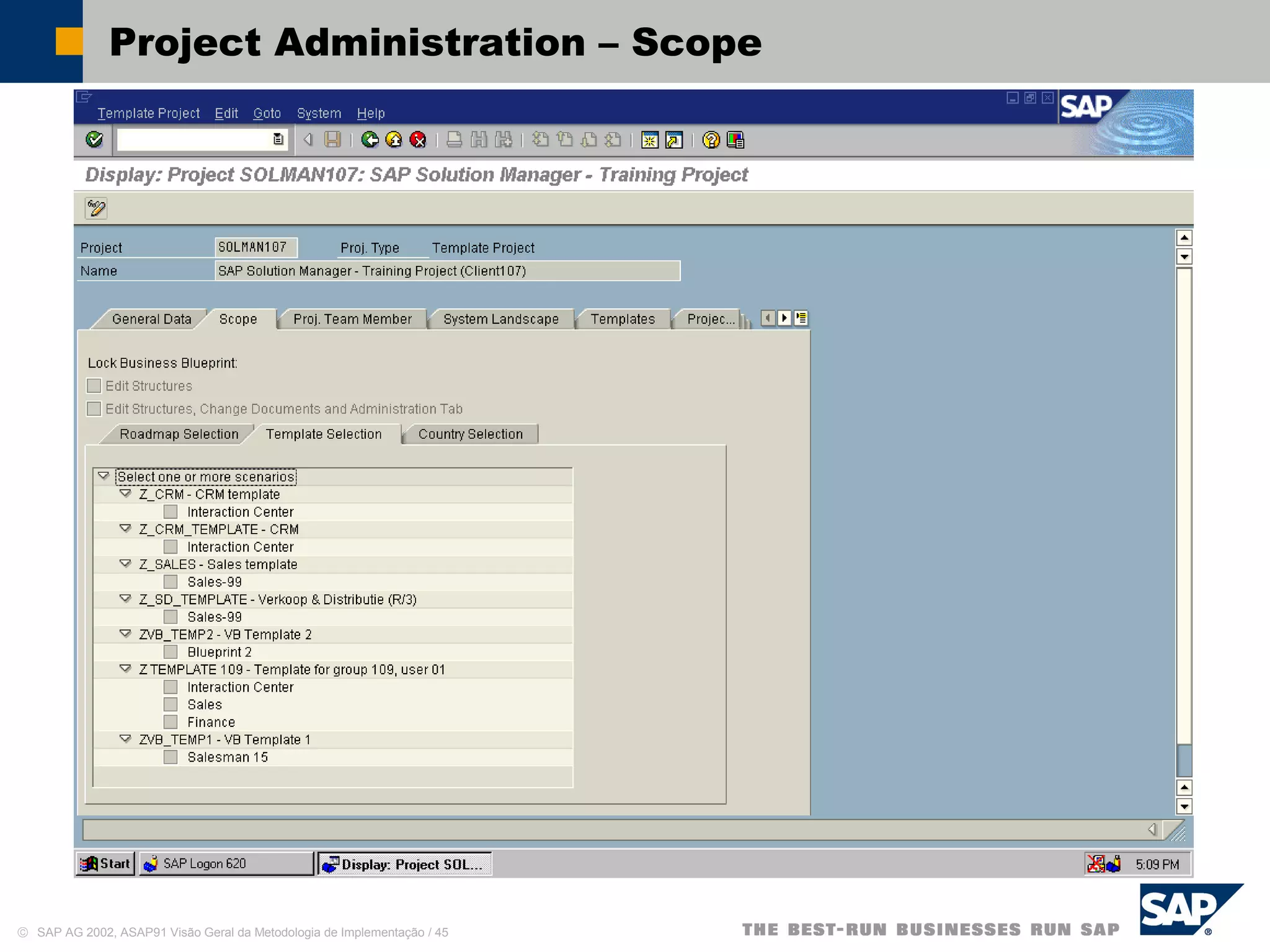 © SAP AG 2002, ASAP91 Visão Geral da Metodologia de Implementação / 45
Project Administration – Scope
 