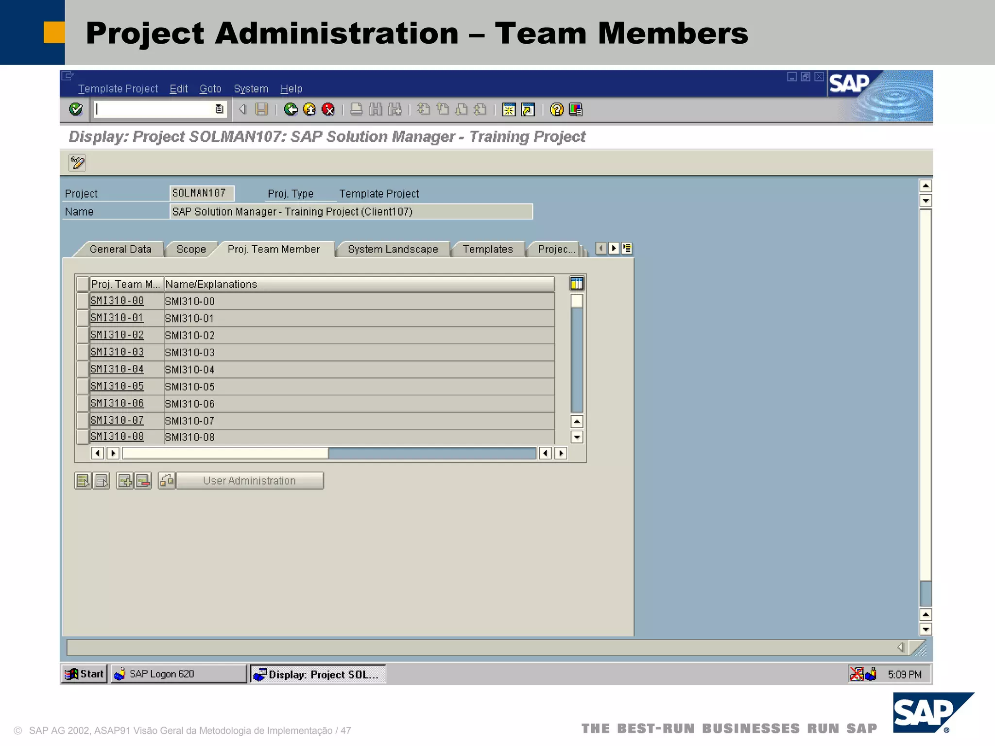 © SAP AG 2002, ASAP91 Visão Geral da Metodologia de Implementação / 47
Project Administration – Team Members
 