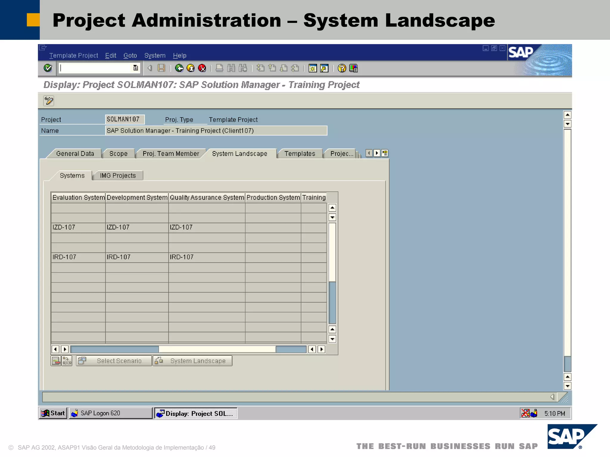 © SAP AG 2002, ASAP91 Visão Geral da Metodologia de Implementação / 49
Project Administration – System Landscape
 
