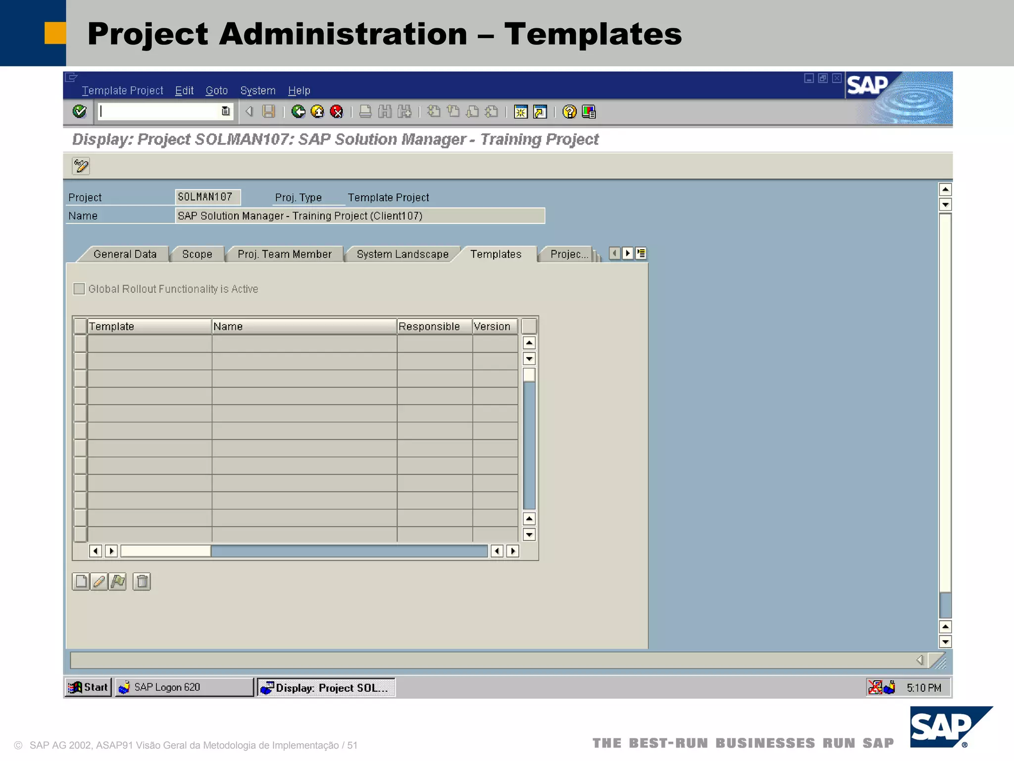 © SAP AG 2002, ASAP91 Visão Geral da Metodologia de Implementação / 51
Project Administration – Templates
 