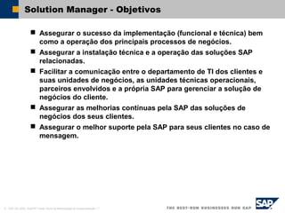 © SAP AG 2002, ASAP91 Visão Geral da Metodologia de Implementação / 7
Solution Manager - Objetivos
 Assegurar o sucesso da implementação (funcional e técnica) bem
como a operação dos principais processos de negócios.
 Assegurar a instalação técnica e a operação das soluções SAP
relacionadas.
 Facilitar a comunicação entre o departamento de TI dos clientes e
suas unidades de negócios, as unidades técnicas operacionais,
parceiros envolvidos e a própria SAP para gerenciar a solução de
negócios do cliente.
 Assegurar as melhorias contínuas pela SAP das soluções de
negócios dos seus clientes.
 Assegurar o melhor suporte pela SAP para seus clientes no caso de
mensagem.
 