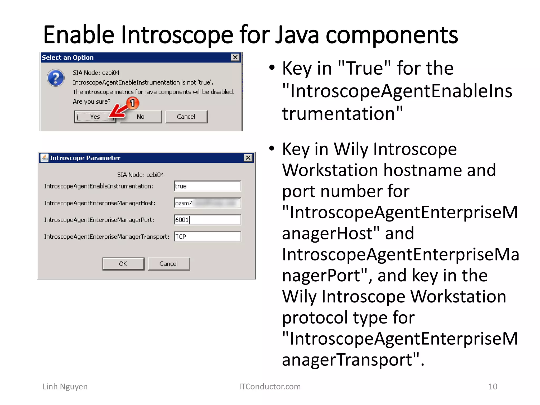 Enable Introscope for Java components
Linh Nguyen ITConductor.com 10
• Key in "True" for the
"IntroscopeAgentEnableIns
trumentation"
• Key in Wily Introscope
Workstation hostname and
port number for
"IntroscopeAgentEnterpriseM
anagerHost" and
IntroscopeAgentEnterpriseMa
nagerPort", and key in the
Wily Introscope Workstation
protocol type for
"IntroscopeAgentEnterpriseM
anagerTransport".
 