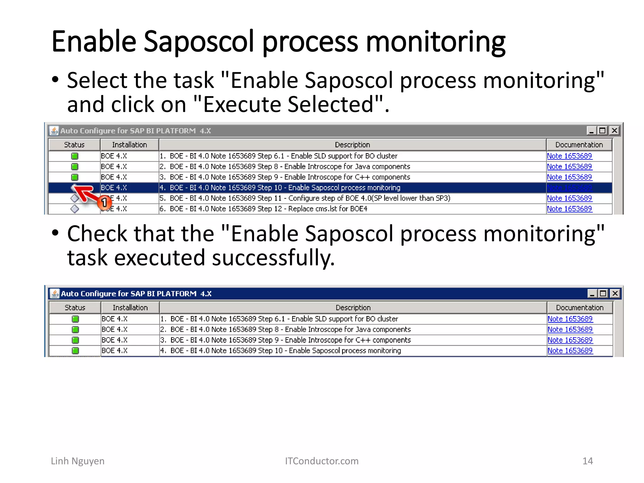 Enable Saposcol process monitoring
Linh Nguyen ITConductor.com 14
• Select the task "Enable Saposcol process monitoring"
and click on "Execute Selected".
• Check that the "Enable Saposcol process monitoring"
task executed successfully.
 