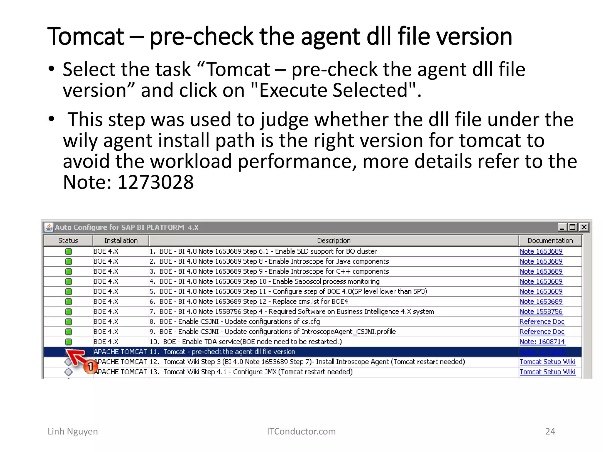 Tomcat – pre-check the agent dll file version
Linh Nguyen ITConductor.com 24
• Select the task “Tomcat – pre-check the agent dll file
version” and click on "Execute Selected".
• This step was used to judge whether the dll file under the
wily agent install path is the right version for tomcat to
avoid the workload performance, more details refer to the
Note: 1273028
 