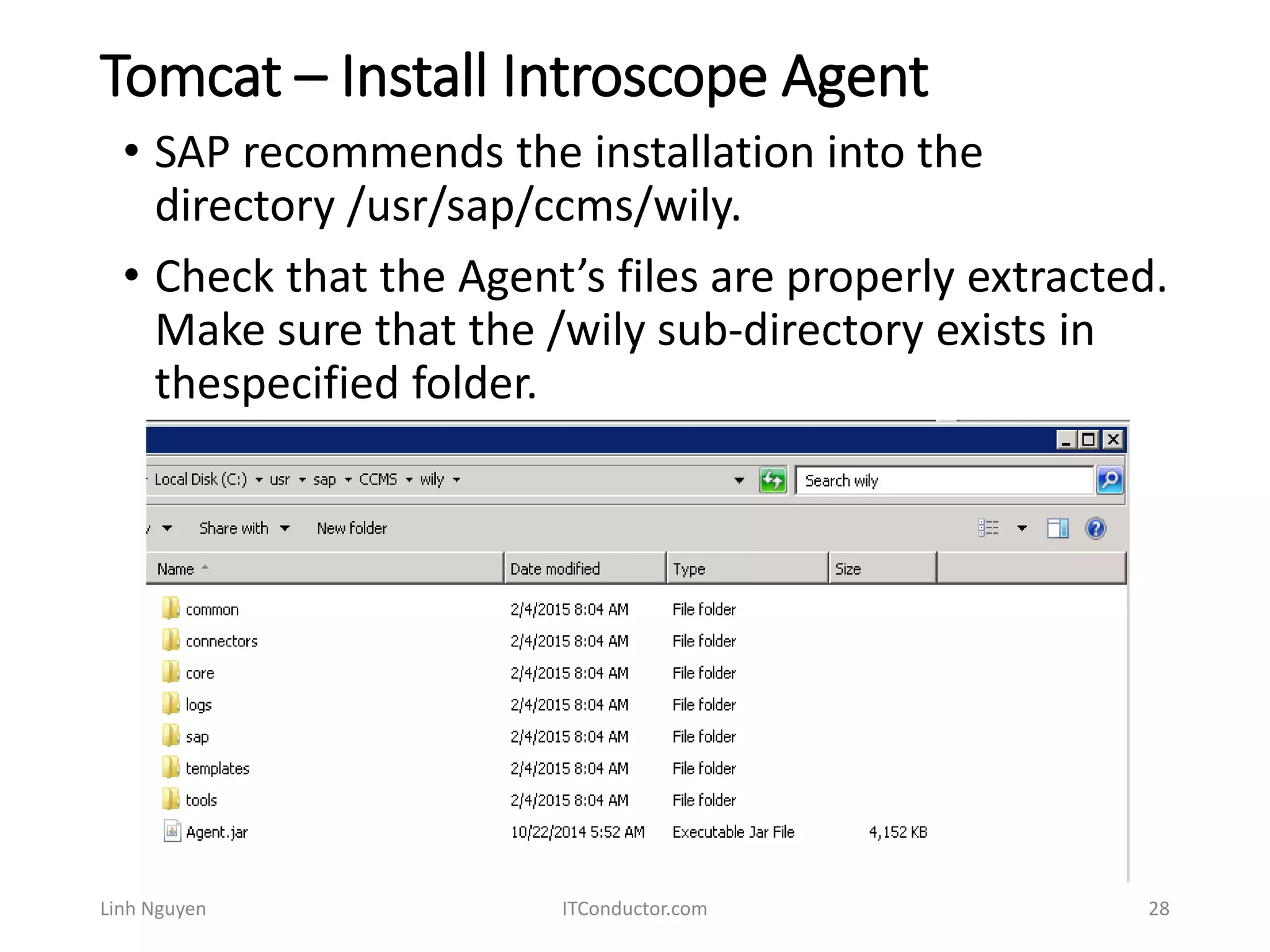 Tomcat – Install Introscope Agent
Linh Nguyen ITConductor.com 28
• SAP recommends the installation into the
directory /usr/sap/ccms/wily.
• Check that the Agent’s files are properly extracted.
Make sure that the /wily sub-directory exists in
thespecified folder.
 